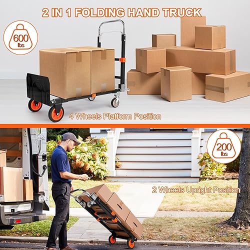 Miniatura 10 de Camión de mano plegable, 330 libras, carrito de mano plegable, carrito de mano resistente, carrito de equipaje de plataforma portátil con 5 ruedas y