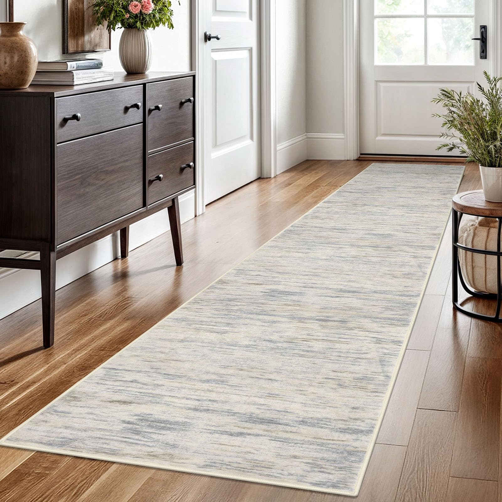 SIILOOM 2x10 Modern Abstract Runner Rug for Hallways, Gray Beige Neutral Multi Super Soft Hallway Decor Kitchen Rugs with Non-Slip, Non-Shedding