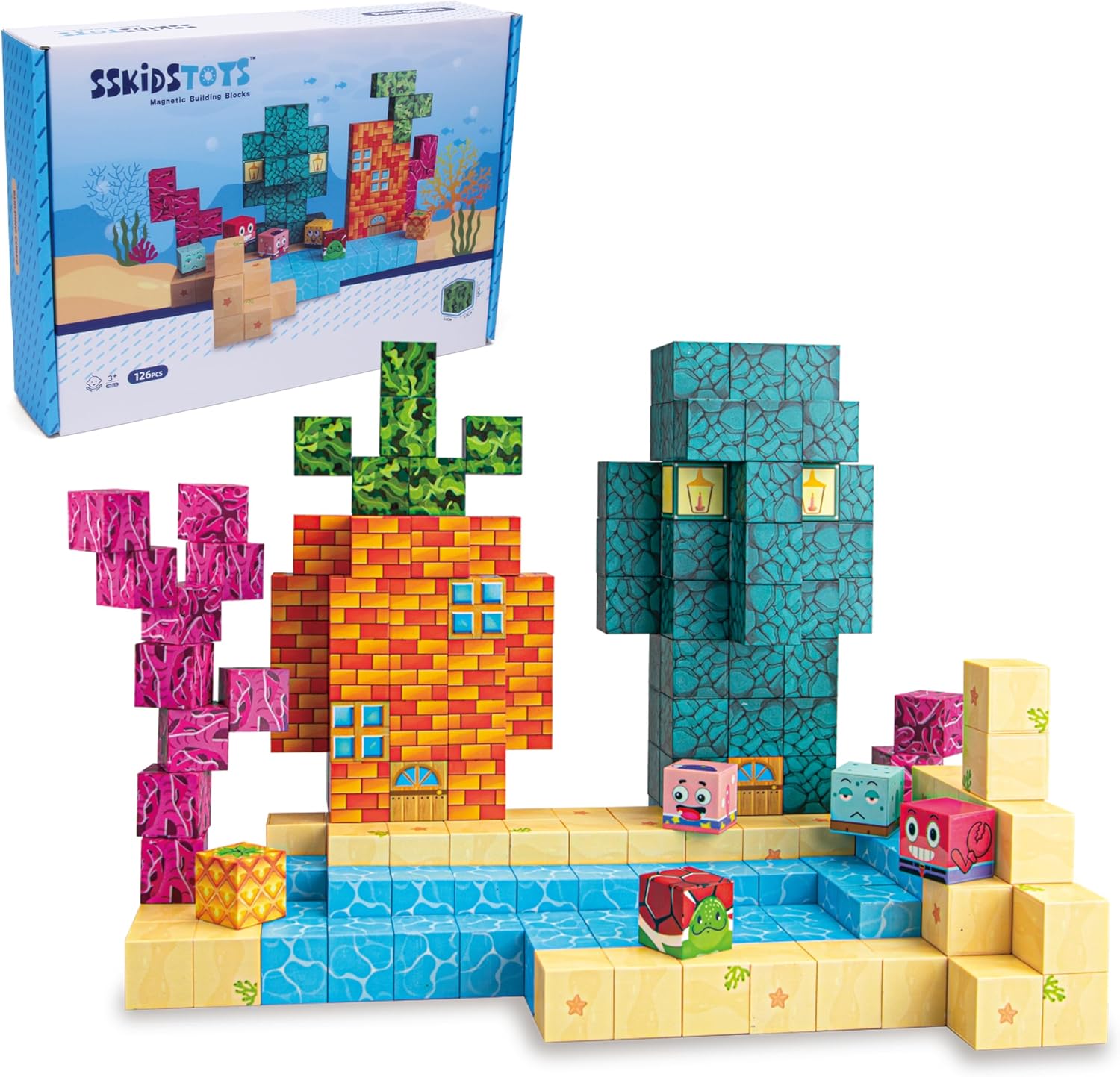Magnetic Blocks - 126PCS 1'' Big Magnetic Building Blocks for Kids, Create Underwater Miracles-STEM Magnetic Tiles Kids Build Cubes Education Toys, Gifts Toy for Kids, Toddlers Boys & Girls Ages 3+