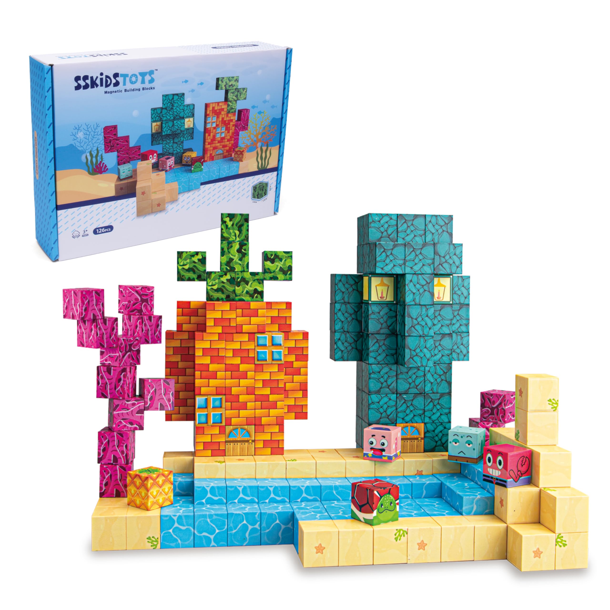 Magnetic Blocks - 126PCS 1'' Big Magnetic Building Blocks for Kids, Create Underwater Miracles-STEM Magnetic Tiles Kids Build Cubes Education Toys,