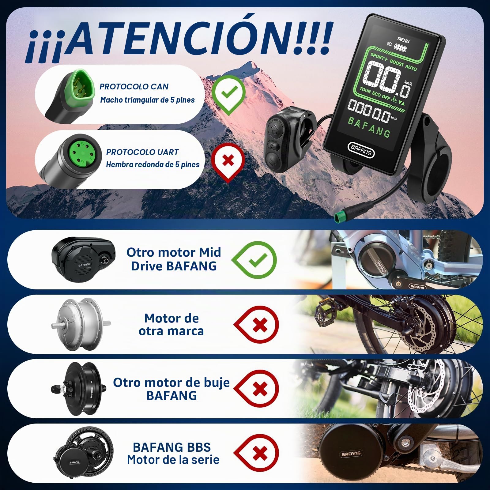 BAFANG Pantalla para Bicicleta Ebike para M620, M600, M560, M510, M420 Motores centrales, Pantalla de Bicicleta eléctrica con protocolo Pas Can 0-5/0-9