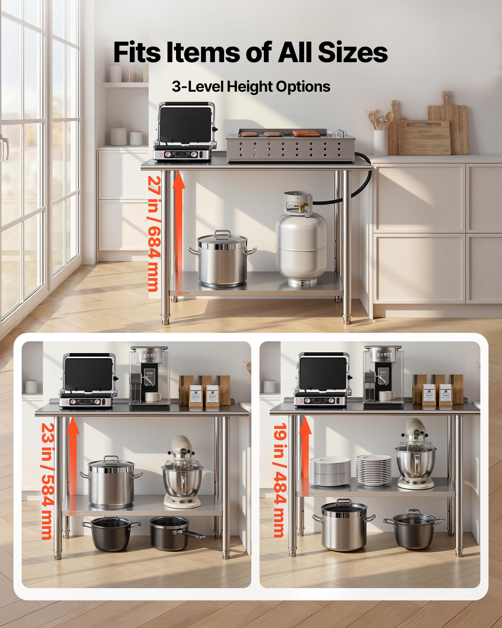 VEVOR Mesa de Trabajo de Acero Inoxidable 2 Niveles, Mesa de Preparación de Alimentos 124,9x61x89,4 cm, Estante Inferior Ajustable, Protector contra Salpicaduras, para Restaurantes, Bares, Hoteles