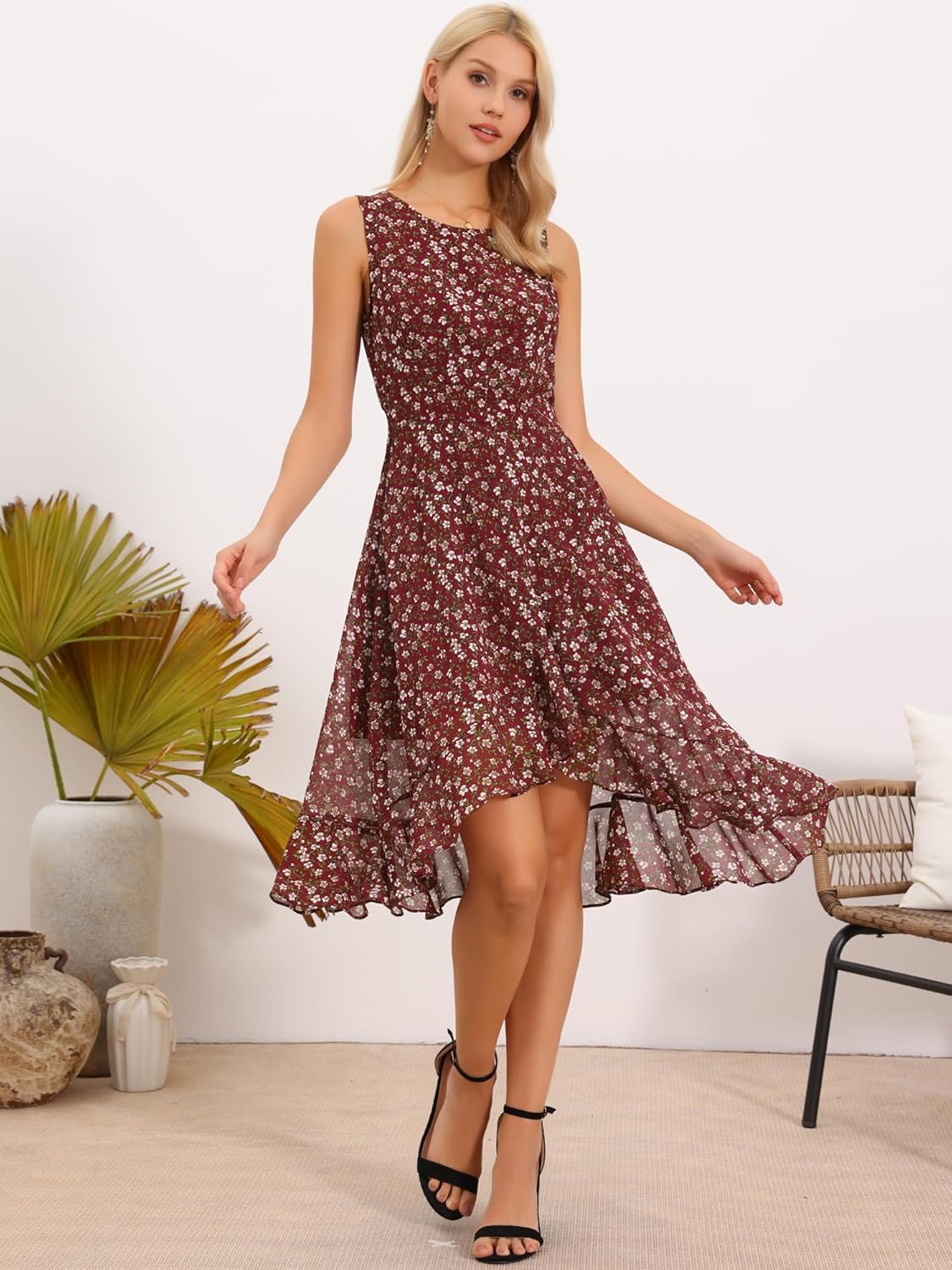 Allegra K Women's Summer Dresses 2025 Wrap Ruffle High Low Hem Round Neck Keyhole Back Sleeveless Floral Dress - Image 3