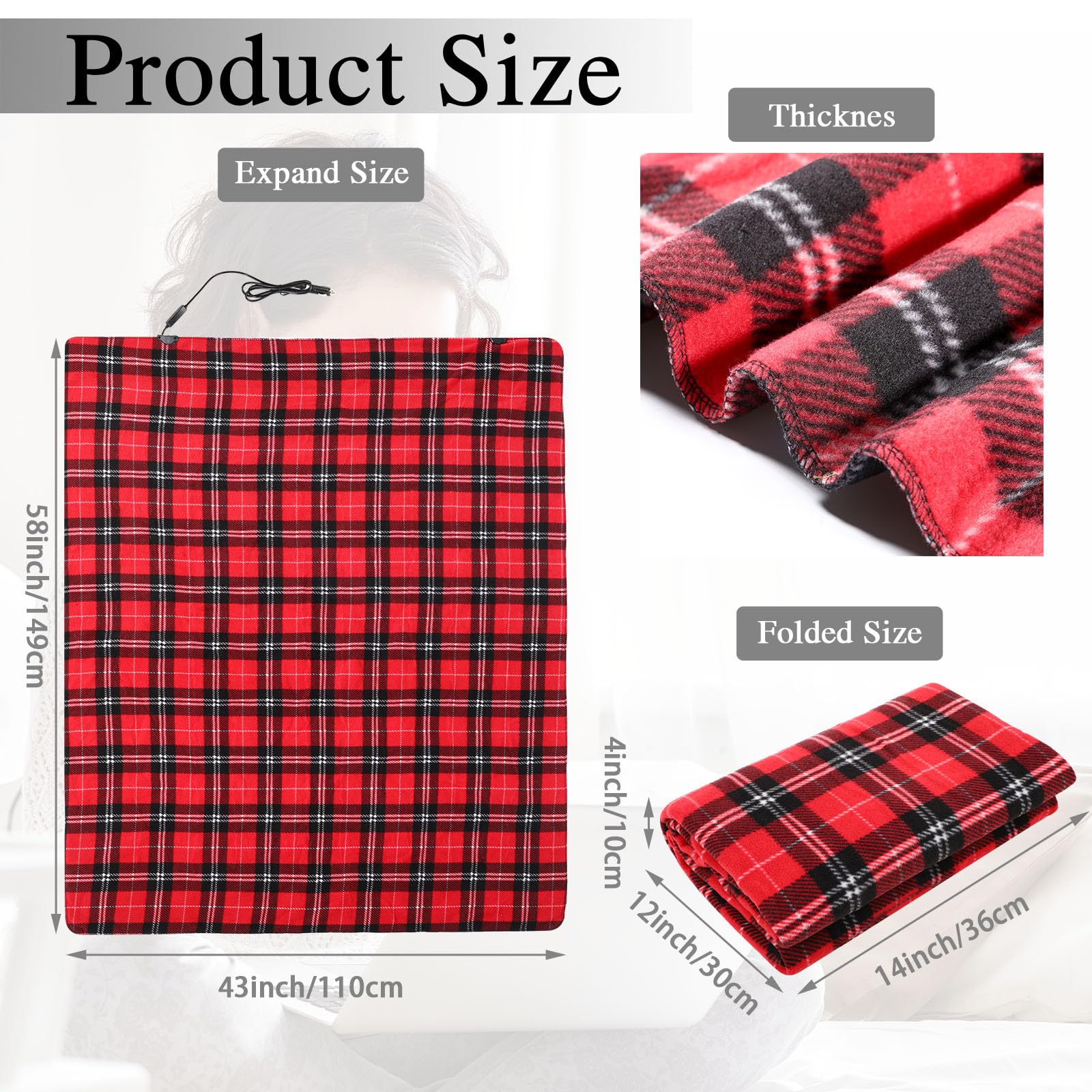 Tuanse Car Electric Blanket 12v Heated Blanket with Temperature Controller, USB Adapter, Car Outlet Adapter, Cold Weather Tailgating and Emergency Kit(Black Red,Plaid)