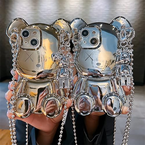 Miniatura 3 de Funda compatible con iPhone 14, diseño de oso de peluche plateado de dibujos animados en 3D, diseño brillante con correa de cadena de metal