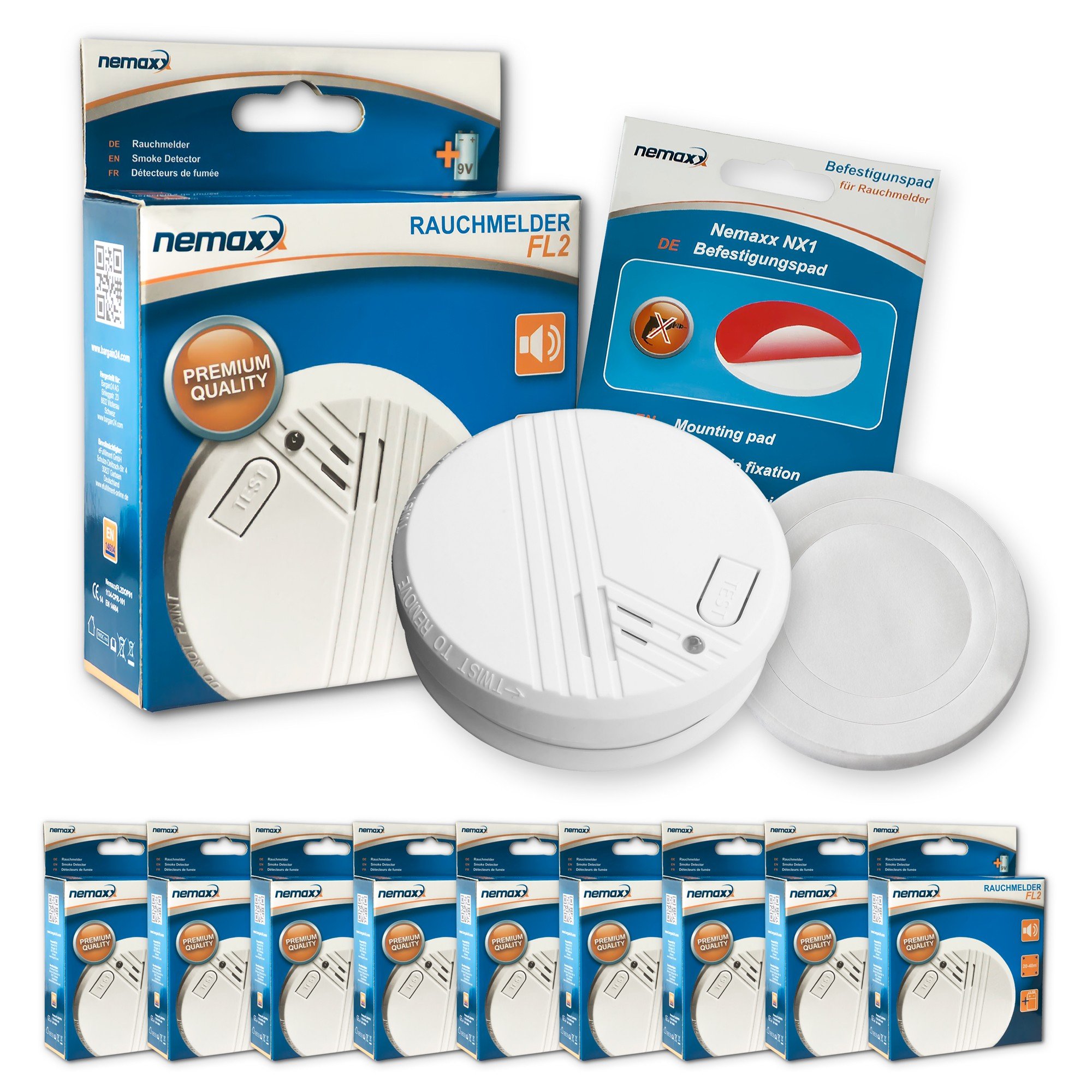 Nemaxx FL2 - Detector de Humos (Conforme a la Norma EN 14604), 10 Unidades, tecnología fotoeléctrica Sensible, 9FL2NX1