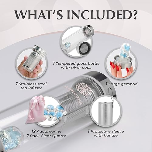 Miniatura 6 de Botella de Agua de Cristal Almeara con Piedras Auténticas de Aguamarina y Cuarzo Transparente Extraíbles, Infusor de Té de Hojas Sueltas - Regalos
