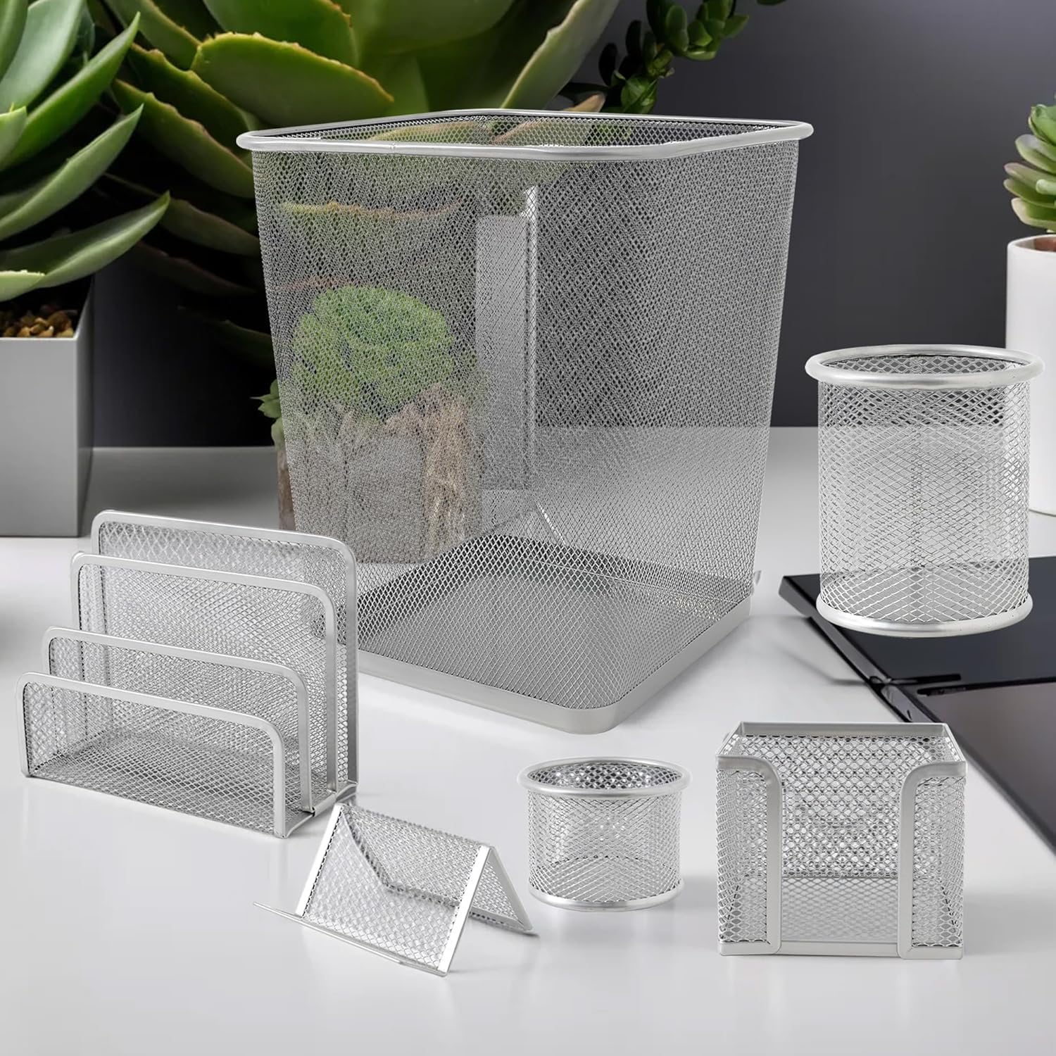 Kuber Industries Zestaw 6 szt. siatkowy metalowy organizer na biurko, książki, pamiętniki, teczki, uchwyt na długopisy i spinacze do papieru, mini pojemnik na śmieci i wizytówki, stojak na gazety
