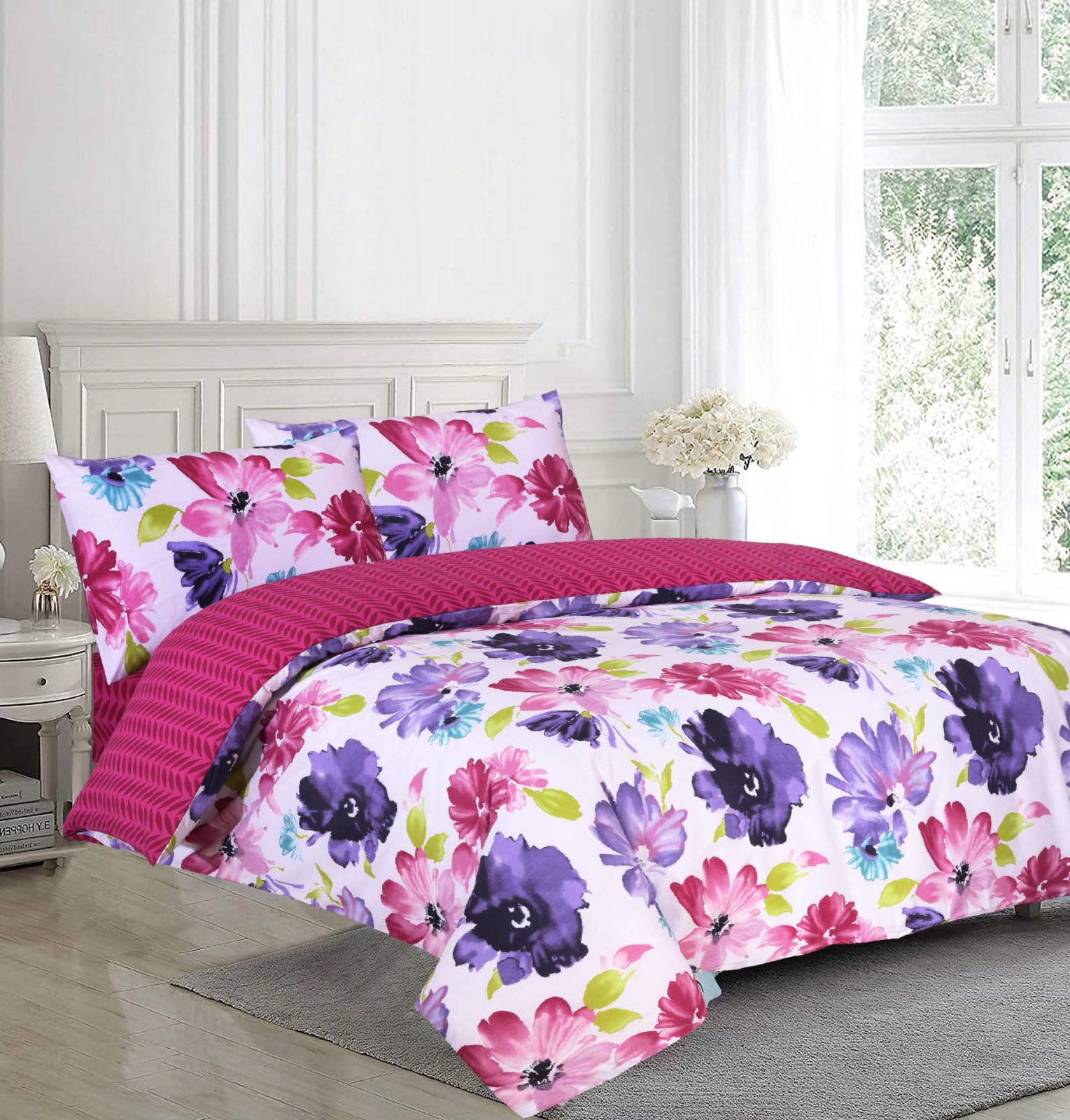 ZIMEL HOMES Fleur Duvet Cover Set with Pillow Cases and Matching Fitted Sheet Duvet Set Cotton Blend (Walton, Super King)