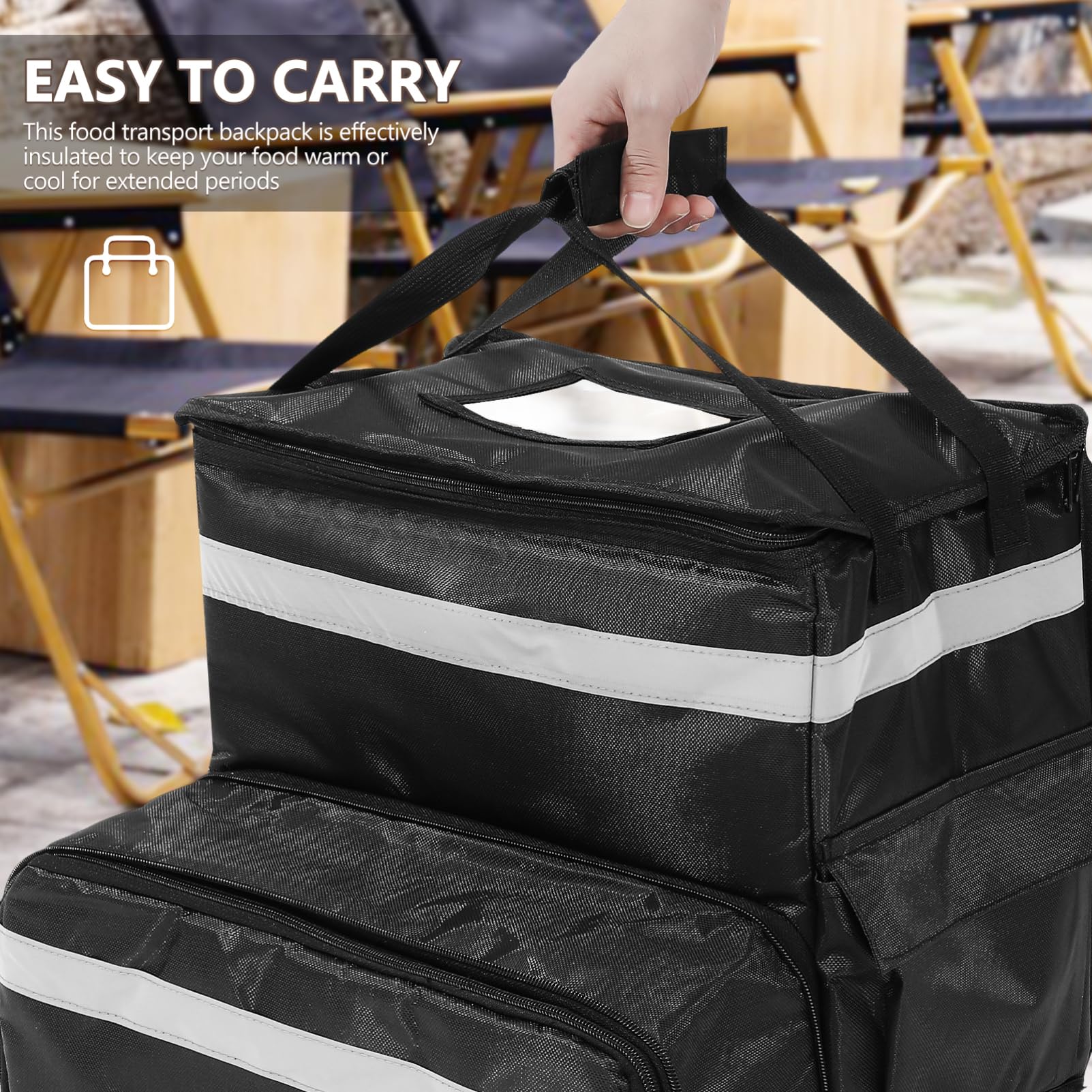 OUNONA Mochila Térmica de Viaje Negra de Oxford para Pizza | Capacidad Grande, Bolsillo Frontal Ampliable, Tiras Reflectantes, Interior Espacioso para Reparto y Camping