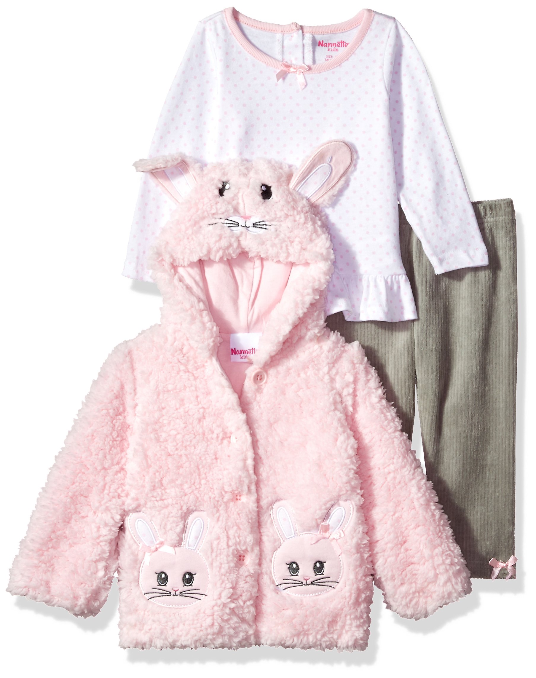 Nannette Baby Girls' 3 Piece Hooded Faux Fur Jacket Set with Tee and Pant