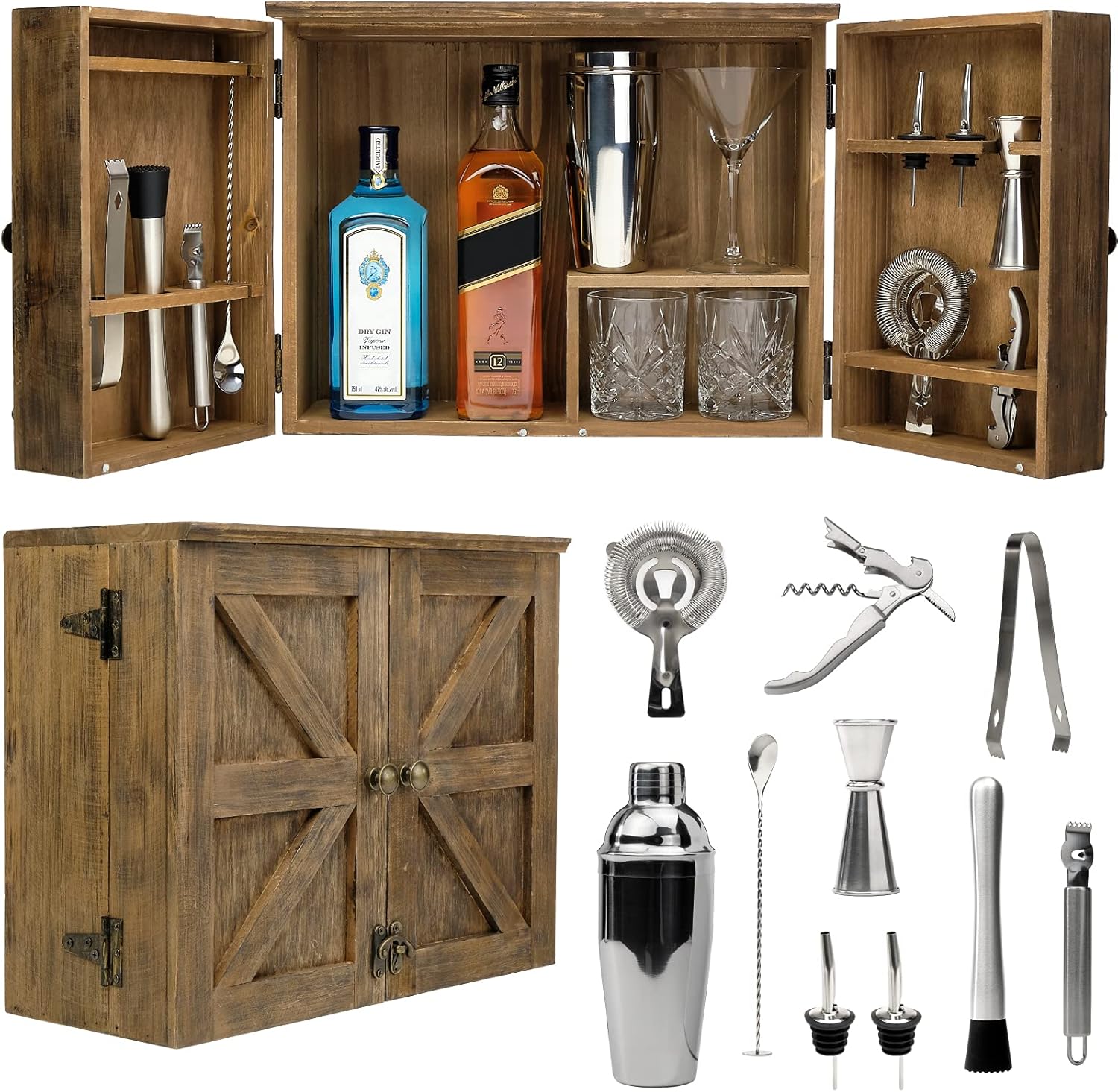 Excello Global Products Barndoor Bartender Cabinet with 10 Piece Bar Tool Set: The Perfect Kit for Home Bartenders (Rustic Brown)
