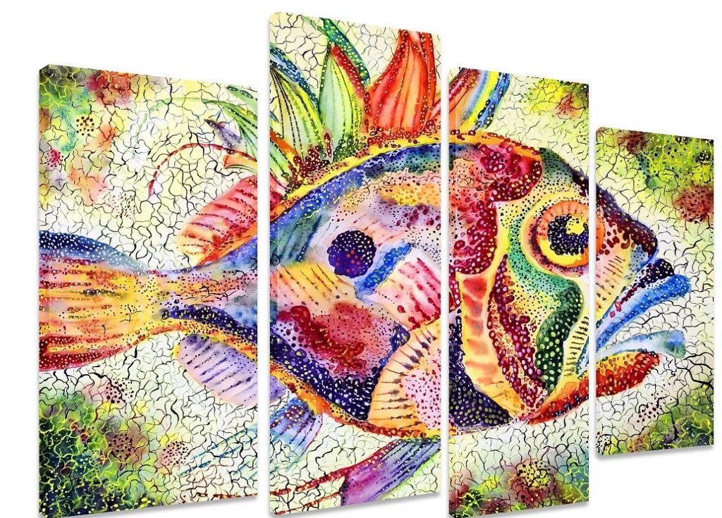 PICTURE - Multi Split Panel Canvas Artwork Art - Fish Bright Stylized With A Huge Eye Water Colour Paper - ART Depot OUTLET - 4 Panel - 101cm x 71cm (40"x28")