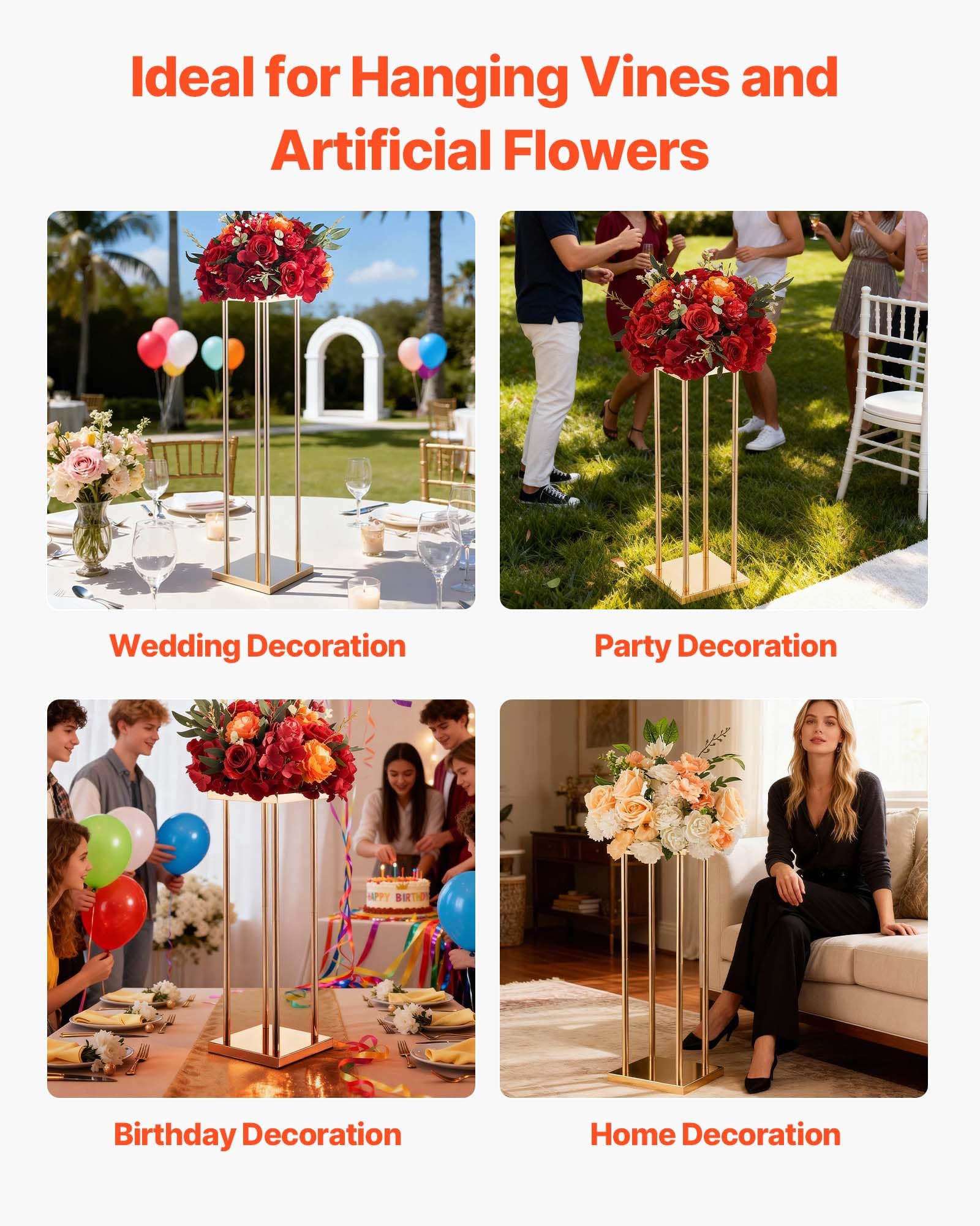 VEVOR Support Fleur Mariage Colonne Lot de 10 Support Fleur Centre Table Mariage 80 cm Présentoir Floral pour Fêtes, Anniversaires, Décoration Intérieure, avec Pieds Cylindre Panneau Métallique, Doré