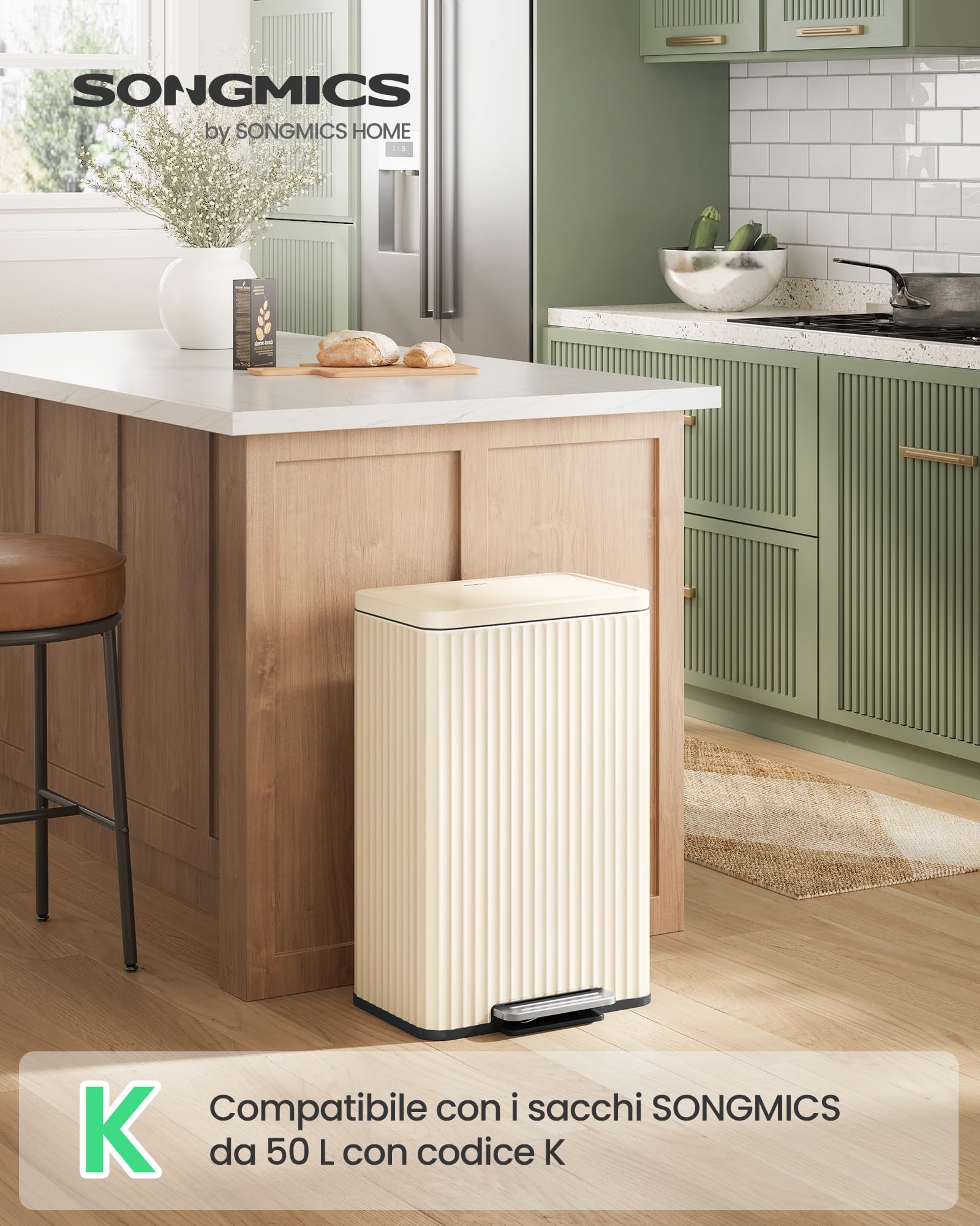 SONGMICS Pattumiera da cucina, 50 l, con pedale, coperchio a chiusura silenziosa e secchio interno rimovibile, in acciaio, 15 sacchi della spazzatura (codice K) inclusi, bianco crema LTB586LZ02