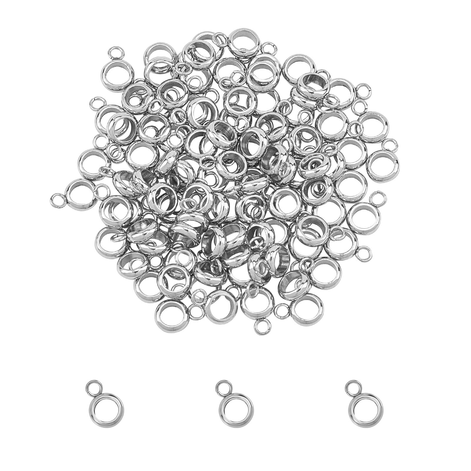 UNICRAFTALE 100pcs Column Bail Beads Stainless Steel Ring Hanger Links, Pendant Bails for Dangle Jewelry Making, 4mm Inner Diameter