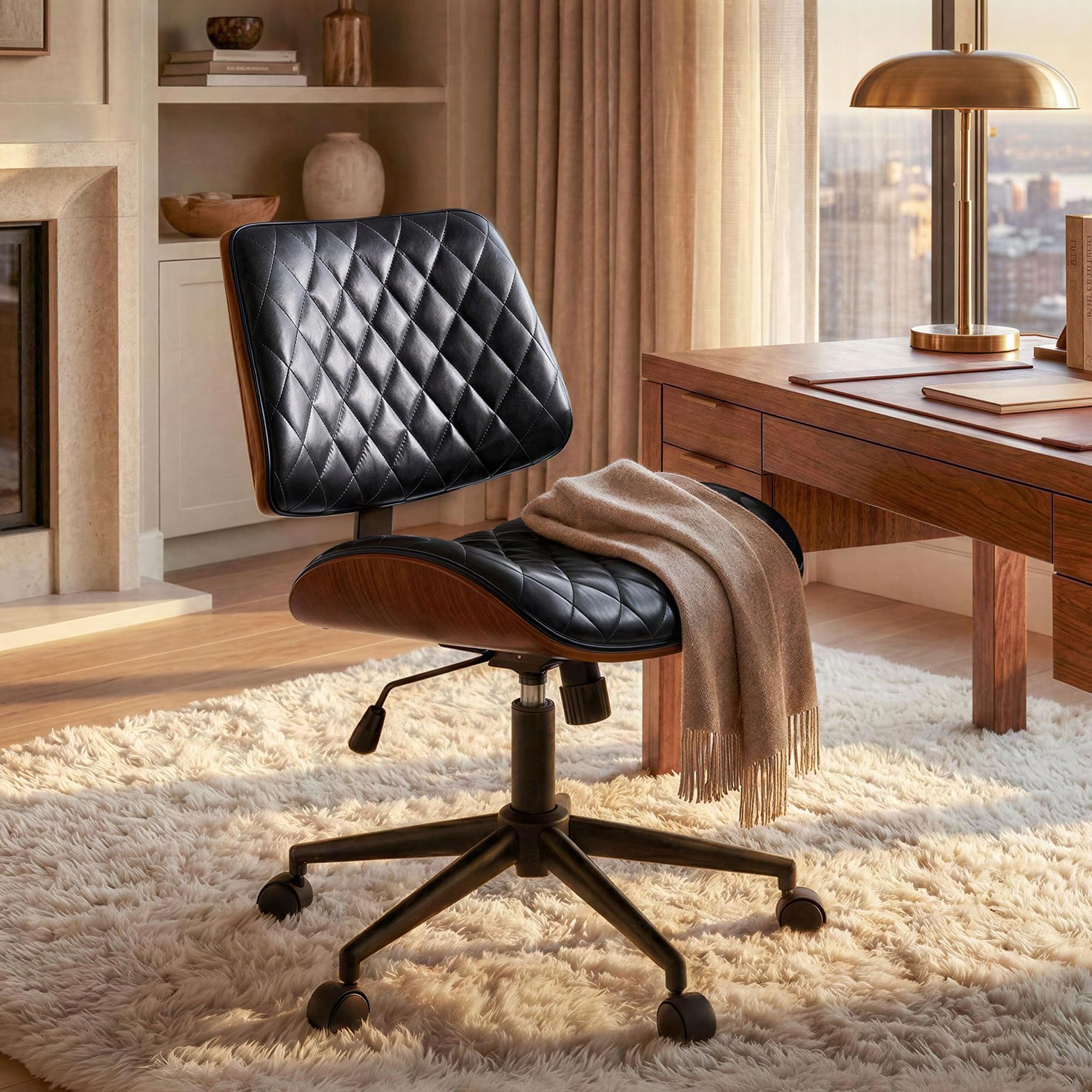 Bürostuhl Schwarz mit Stabiler Holzstützung, Schreibtischstuhl ohne Armlehne, Drehstuhl Büro mit Rollen, Hochwertiger Bürostuhl Leder Optik, Drehsessel für Home Office & Arbeitszimmer