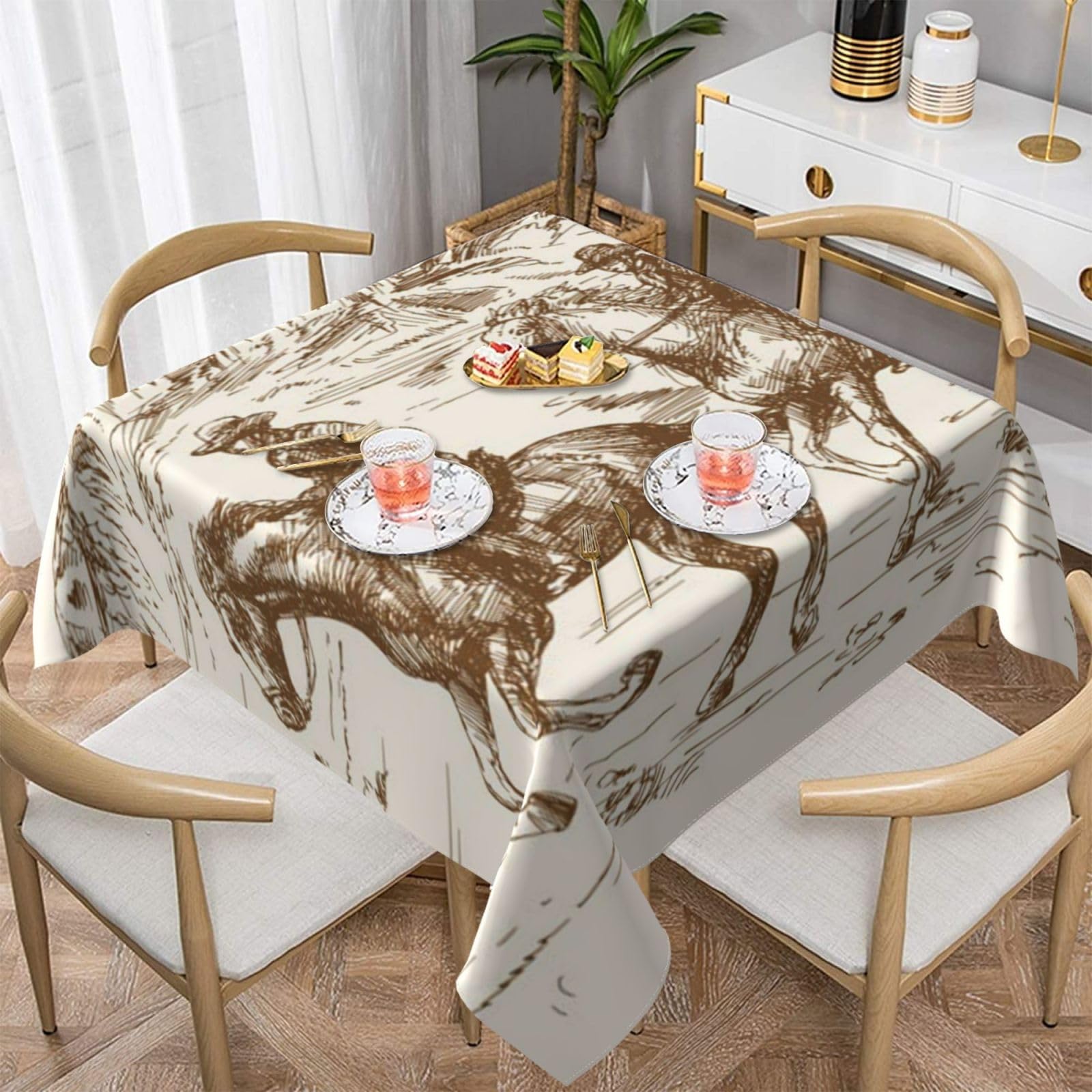 DCEHGEW West Desert with Cowboys Riding Horses Prints Square Tablecloth 137x137 CM, Waterproof Fabric Table Cloth for Dining Table, Farmhouse Table Cover for Kitchen Dining Tabletop Decoration