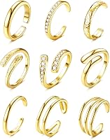 BESTEEL 14K Gold Filled Adjustable Toe Rings for Women - 9pc CZ Hug Triple Band Set, Trendy Summer Beach Foot Jewelry