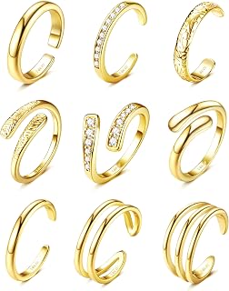 BESTEEL 14K Gold Filled Adjustable Toe Rings for Women - 9pc CZ Hug Triple Band Set, Trendy Summer Beach Foot Jewelry