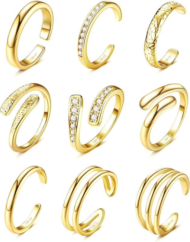 Besteel Toe Rings for Women - 14K Gold Filled Non Tarnish | Adjustable Silver Toe Ring Simple Open Band Hug CZ Triple Stackable Pinky Ring Waterproof Summer Beach Foot Jewelry for Women