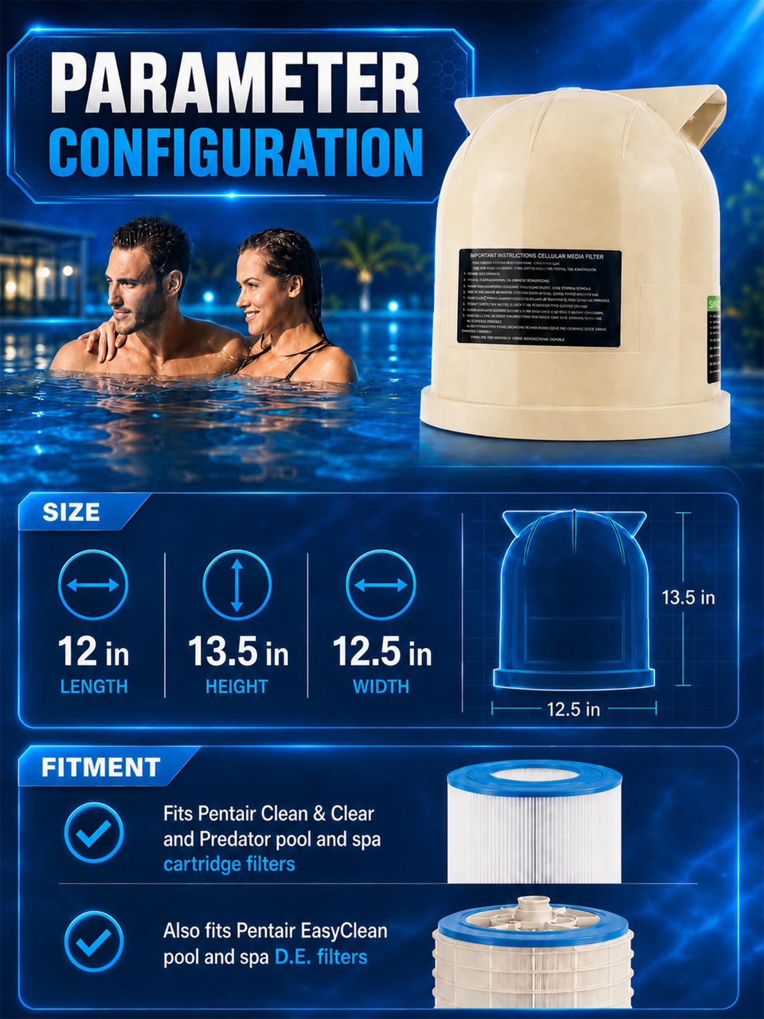 Couvercle de filtre de piscine en amande - Pièces de rechange pour Pentair Clean Pool & Spa CC150 CC75 - Remplace 178561 160317 160318 178555 30,5 cm