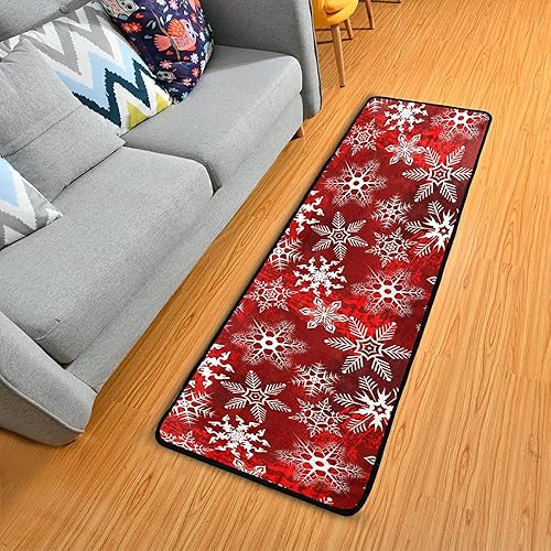 Alfombra de pasillo de Navidad, patrón rojo con copos de nieve, alfombra de corredor de flores, alfombra antideslizante para cocina, alfombra de
