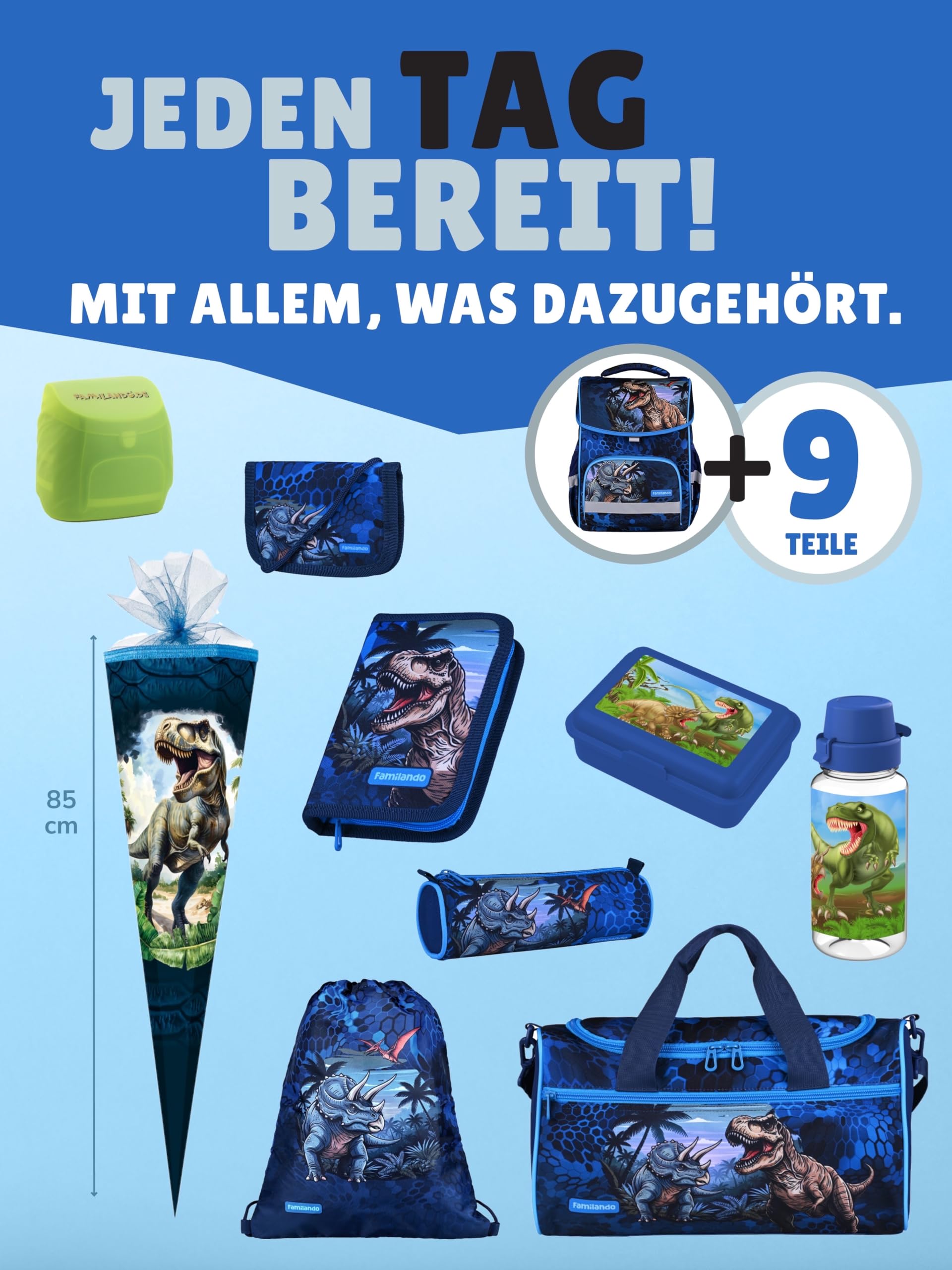 Familando - Basic-Plus Schulranzen Set - 10-teilig mit Schultüte - T-REX Dino - Ergonomisch, stabil & 850g leicht - 15L Volumen - Brustgurt & Reflektoren - Für Grundschule ab 1. Klasse