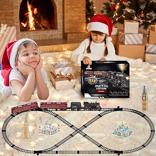 Miniatura 6 de Juegos de tren eléctrico para niños, juguetes de tren de Navidad de aleación de metal, locomotora de vapor, vagones de pasajeros brillantes, pistas