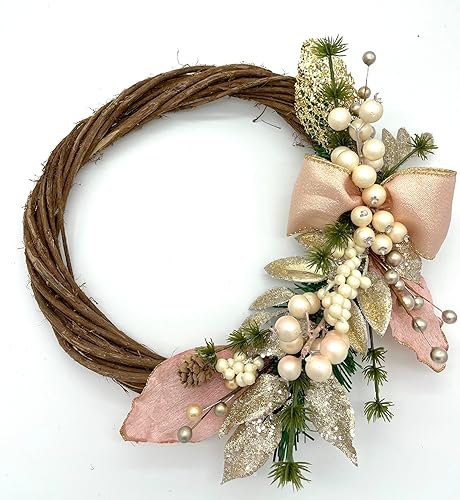 Rose and Champagne Gold Christmas Holiday Wreath with Eucalyptus leaves, Branches and Gold Glitter Branches & Leaves on Pine Needle Wreath Base