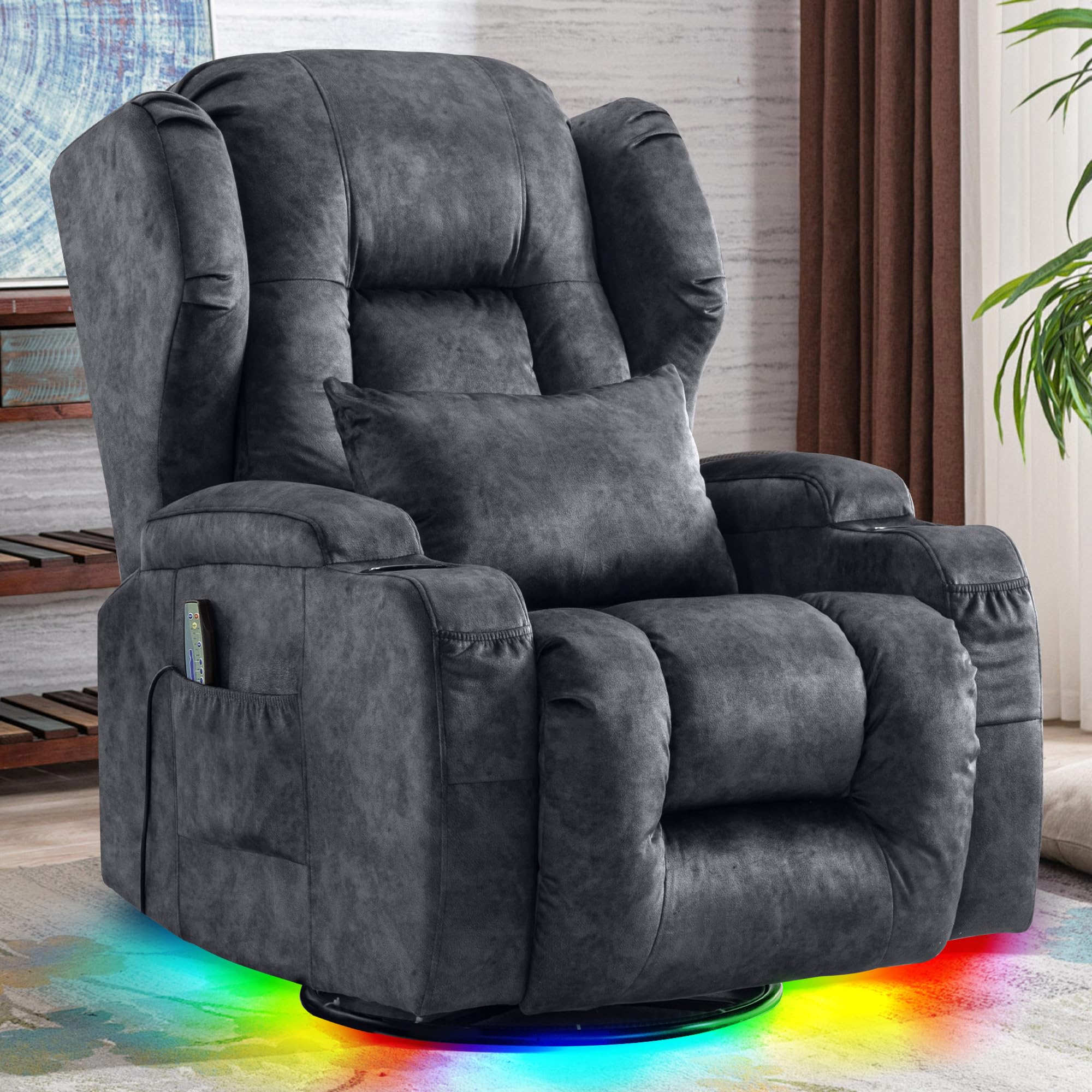 2 Motoren Elektrischer Verstellbar Relaxsessel mit Liegefunktion, Drehbarer Fernsehsessel TV Sessel mit Massage und Wärme, Kinosessel mit USB/LED/TYP C,bis 150 kg (Samt Grau, 1)