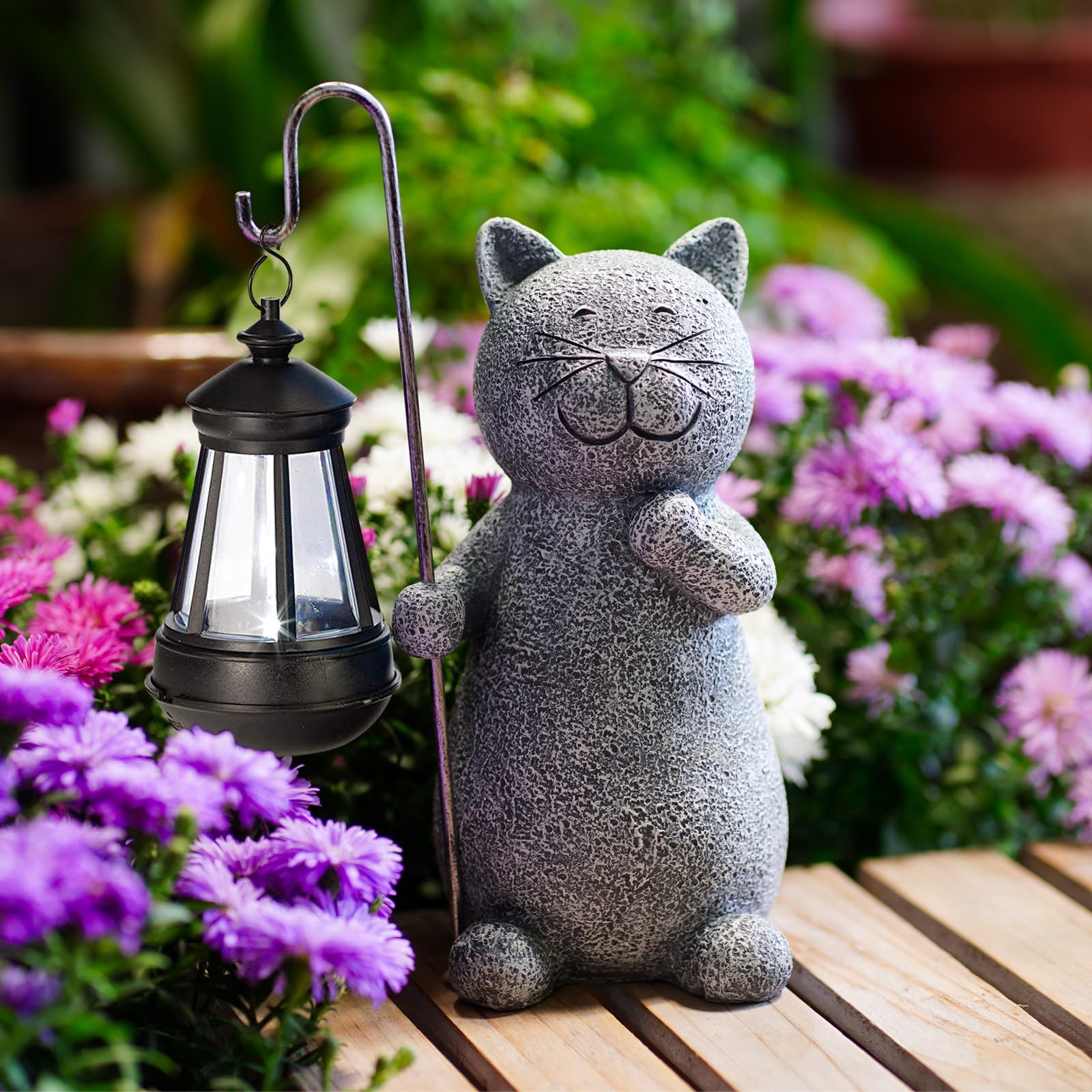 Yeomoo Figurine Chat avec Lampe Solaire Décoration Jardin Extérieur Gris | Statue de chat en résine étanche avec lumière solaire, Décoration jardin balcon terrasse salon, Cadeau pour femme homme maman