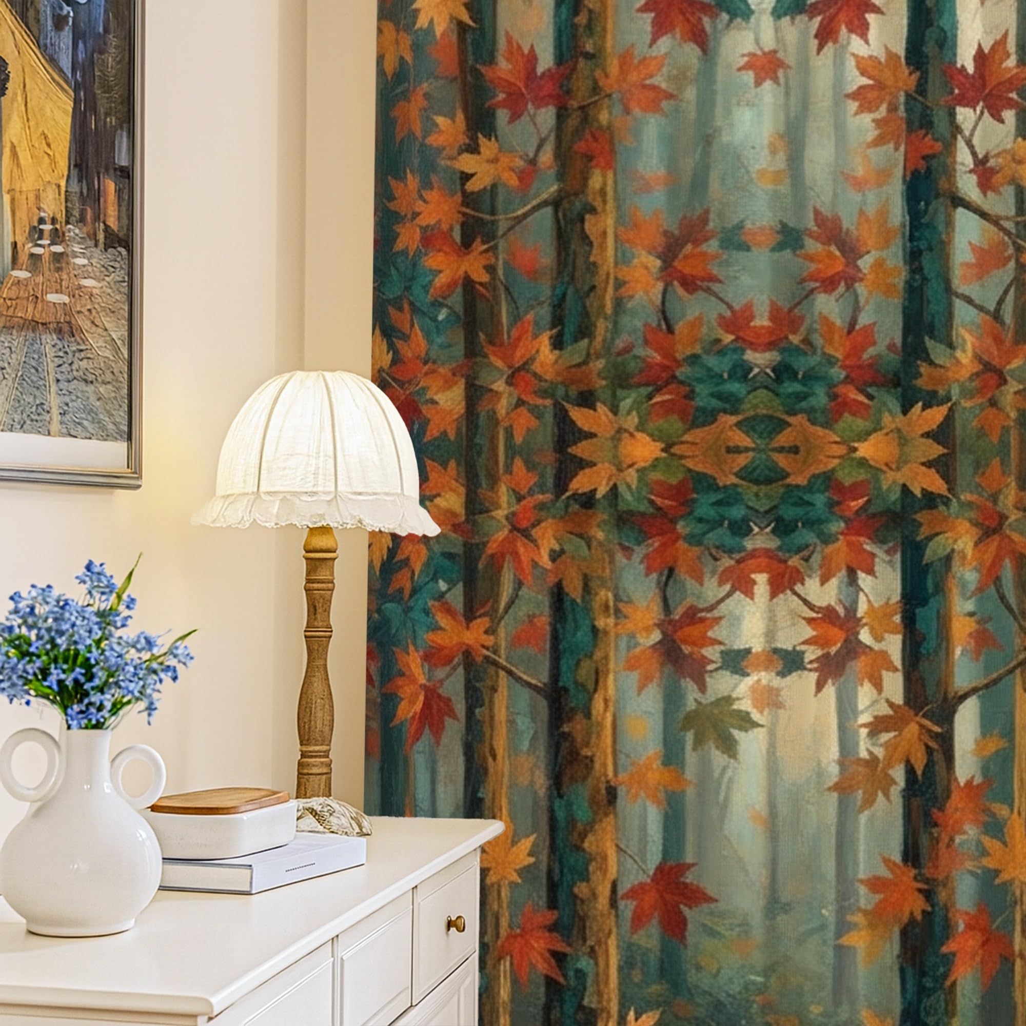 Rideaux occultants de forêt orange et arbres rustiques pour chambre à coucher 132x213