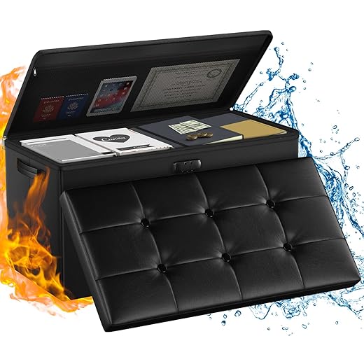 ENGPOW Storage Ottoman with Lock,Fireproof ＆ Waterproof Folding Ottoman Foot Rest Stool Storage Chest with Storage Safe for Important Documents,17 Inches Short Ottoman Foot Stool with Zippers,Black