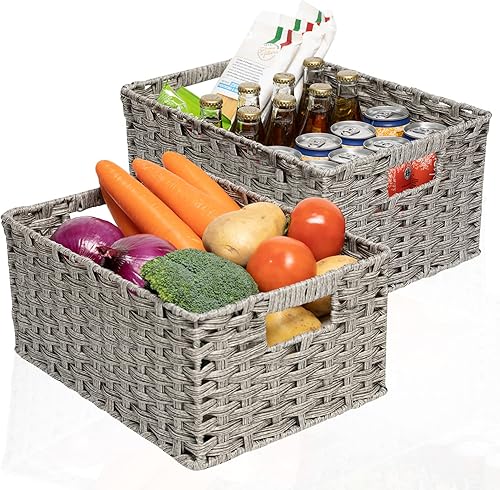 Paquete de 2 cestas de mimbre  Cesta de almacenamiento grande con asas, impermeable, para organizar, 15 y 14 pulgadas, mediana, color gris