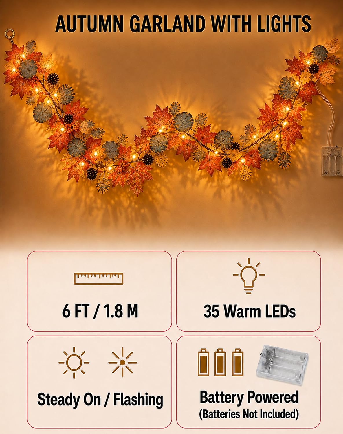 Fall Garland with 35 Warm LED Lights for Home, Fireplace Mantel, Outdoor