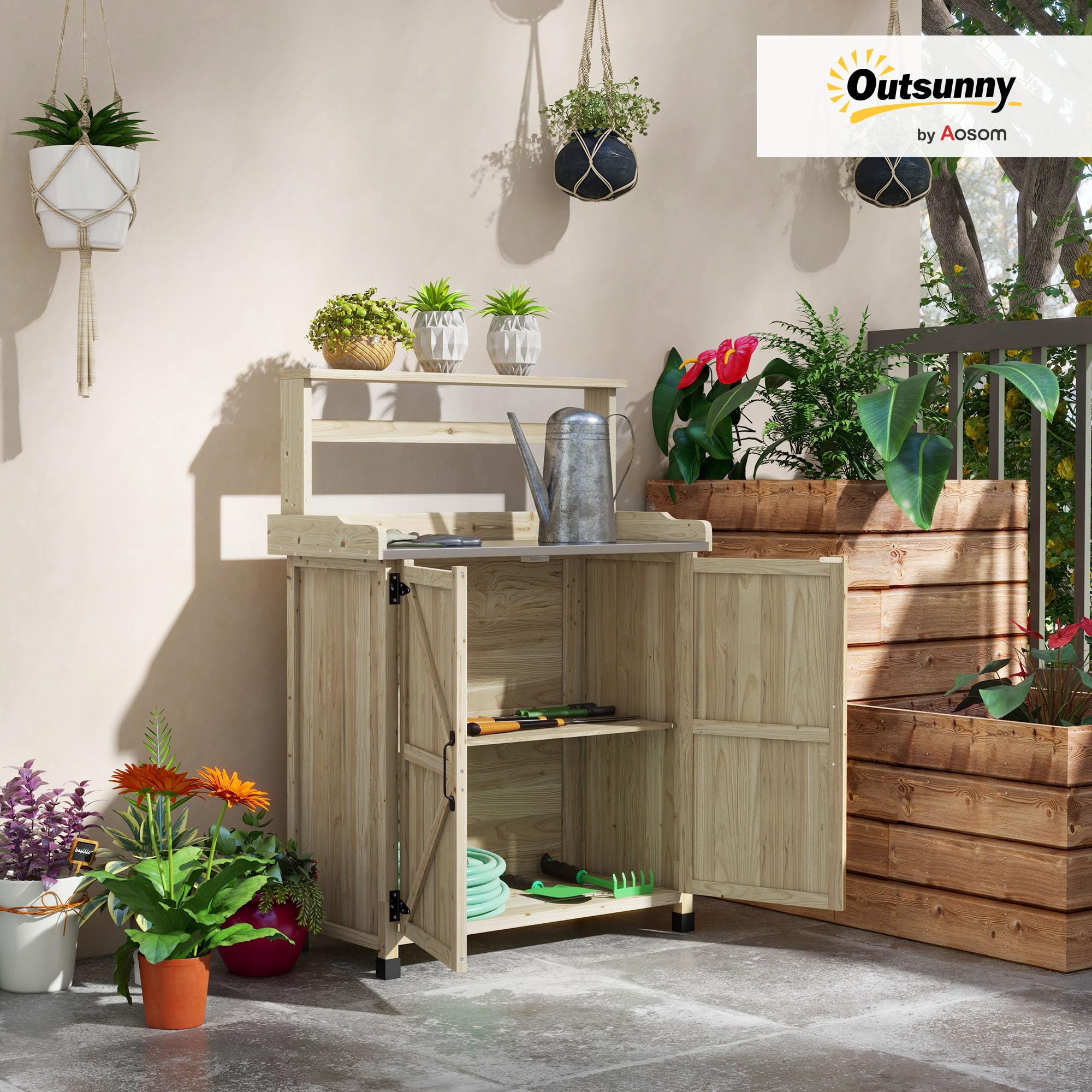 Outsunny Tavolo da giardino in stile rustico con armadio e ripiani e piano zincato antiscivolo in legno abete pre-oliato dim. 90,5 x 41 x 124,5 cm effetto legno naturale