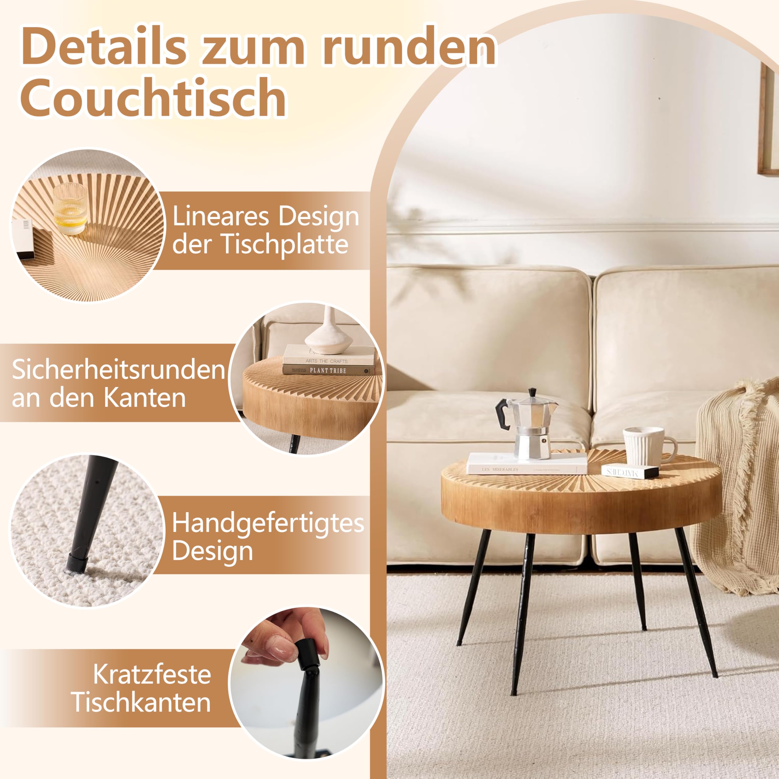 Beistelltisch Rund Holz, 60×42cm Großer Coffee Table | linearem design, schwarzen metallbeinen, fur wohnzimmer, massivholzfurnier, holzfarbe, kleiner couchtisch, handgefertigt