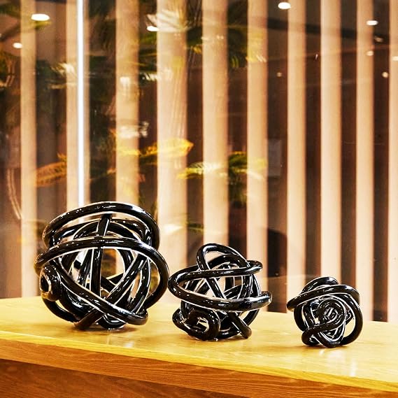 Hand Blown Infinity Knot Sommerso Decorative Glass Ball for Bowls Home Decor 4 inch Tall Orbit Centerpiece Table Decoration Sculpture Black