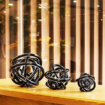 Hand Blown Infinity Knot Sommerso Decorative Glass Ball for Bowls Home Decor 4 inch Tall Orbit Centerpiece Table Decoration Sculpture Black