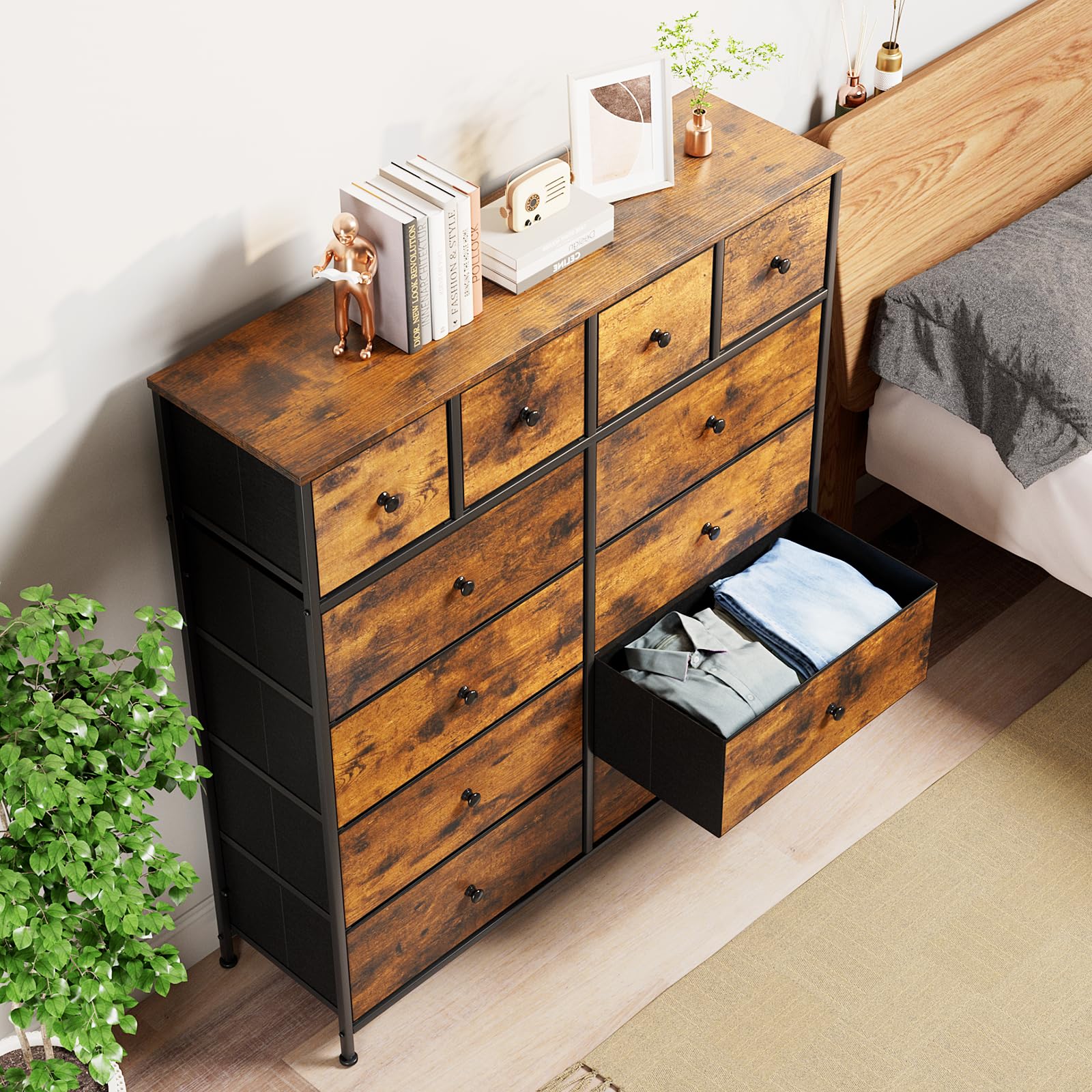 Clevich Cajonera de 12 cajones para Dormitorio, cajonera Industrial, Estructura de Metal, Superficie de Madera, cajones de Tela, para Pasillo, Dormitorio, salón (Marrón Retro + Negro)