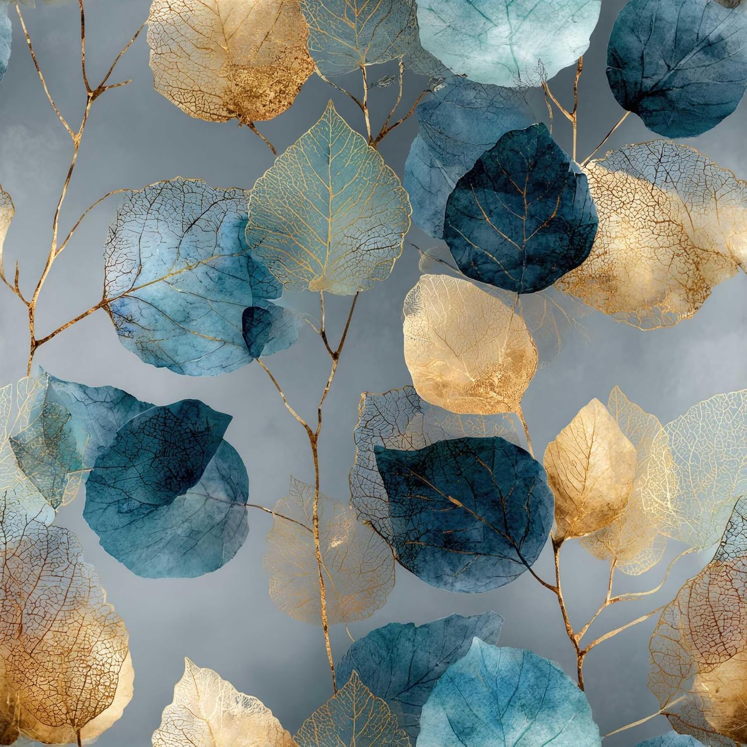 Blue & Gold Leaf Peel and Stick Wallpaper – Modern Nature Wallpaper for Home Decor | Self-Adhesive, Waterproof Vinyl, 17.7" x 118"