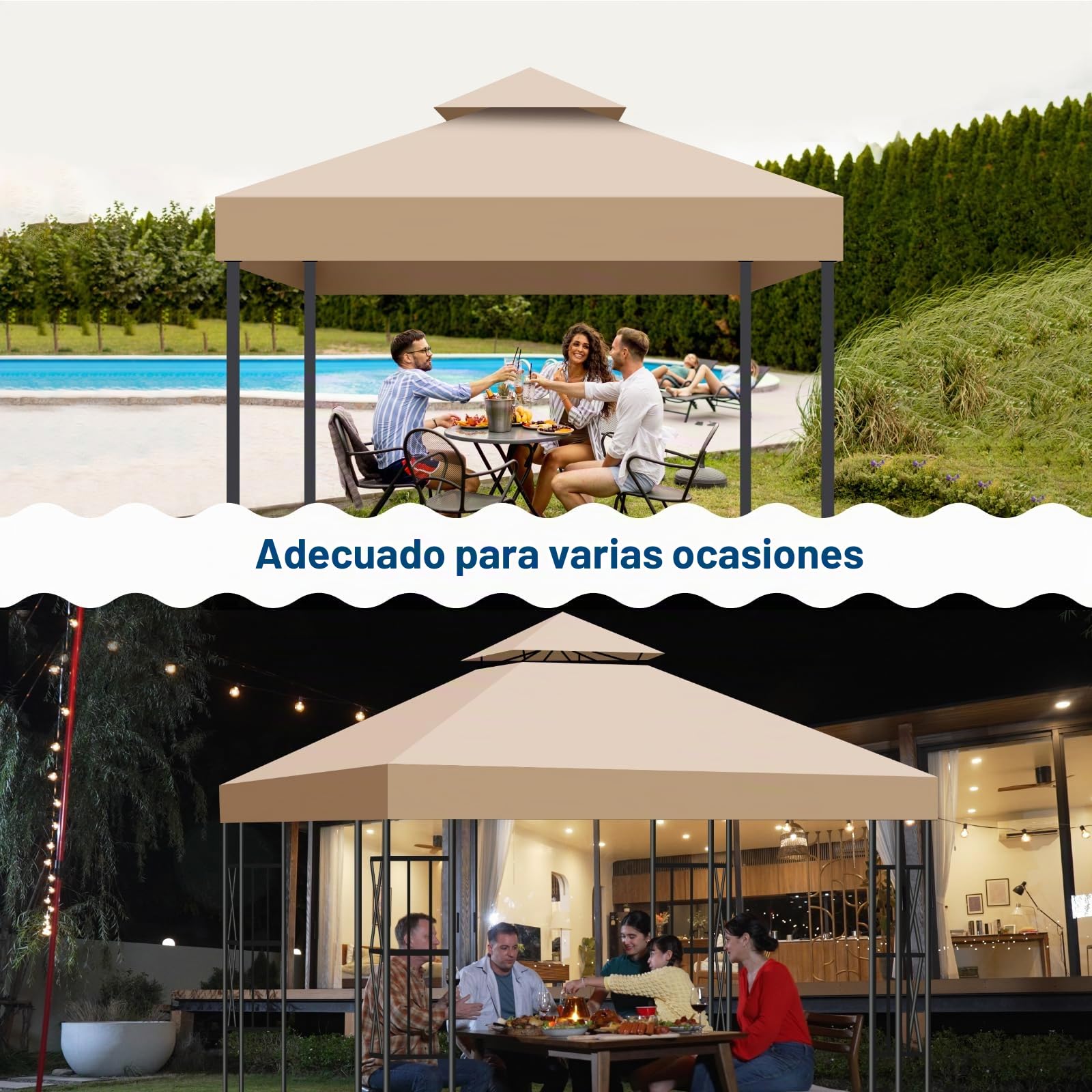 Toldo Recambio Pergola 3x3 m, Techo de Repuesto con Ventilación para Cenador de Jardín, Cubierta Amovible Lona Impermeable con Protección UV para Barbacoa, Bodas, Fiestas y Camping(Caqui)
