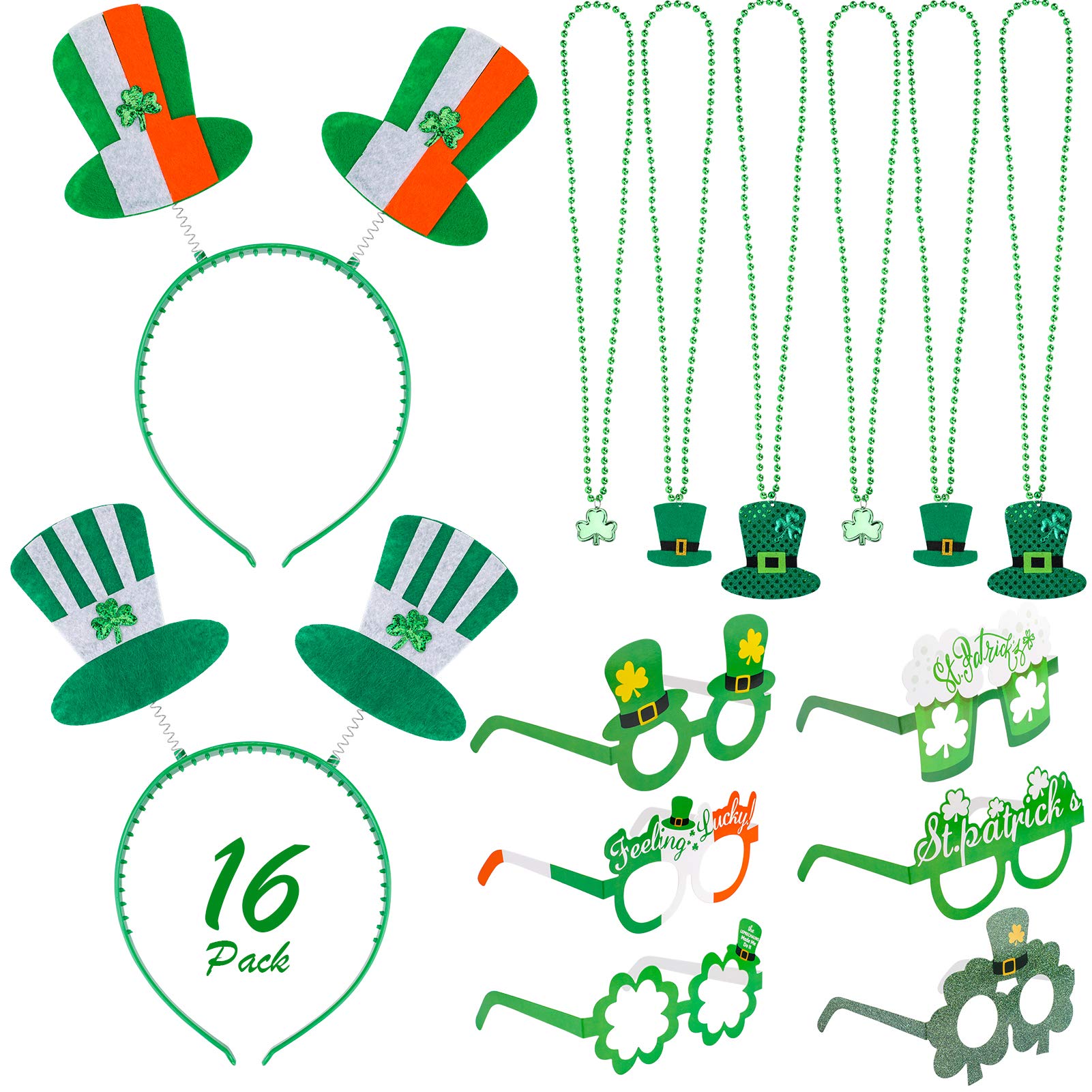Qpout 16 Pieces St. Patricks Day Accessories Set, 6pcs Shamrock Hat Necklace, 6pcs Decoration Eyeglasses Frames, 4pcs Headband for Kids Women Men St. Patricks Day Party Favor Costume Decoration