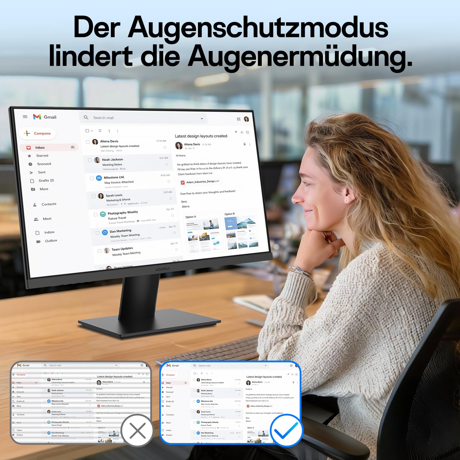 KOORUI 32 Zoll 4K Monitor, UHD 3840 x 2160, 60Hz, VA Panel, Lautsprecher | Adaptive Sync, HDR10, 95% DCI-P3, Low Blue Light Eye Care, HDMI 2.0/DP 1.4, VESA 100x100 mm, Homeoffice Büro Gaming Monitor