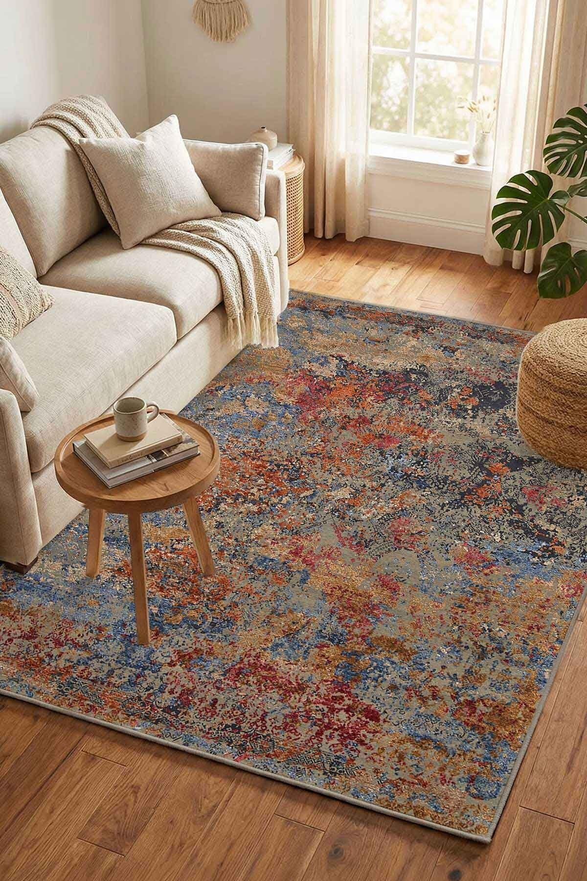 Monnhein Çok Renkli Halı 0601 - Yıkanabilir, Kaymaz Taban, Dijital Baskılı, Leke Tutmaz, İnce Hav, Modern Salon, Oturma Odası, Yatak Odası ve Mutfak için Dekoratif Halı