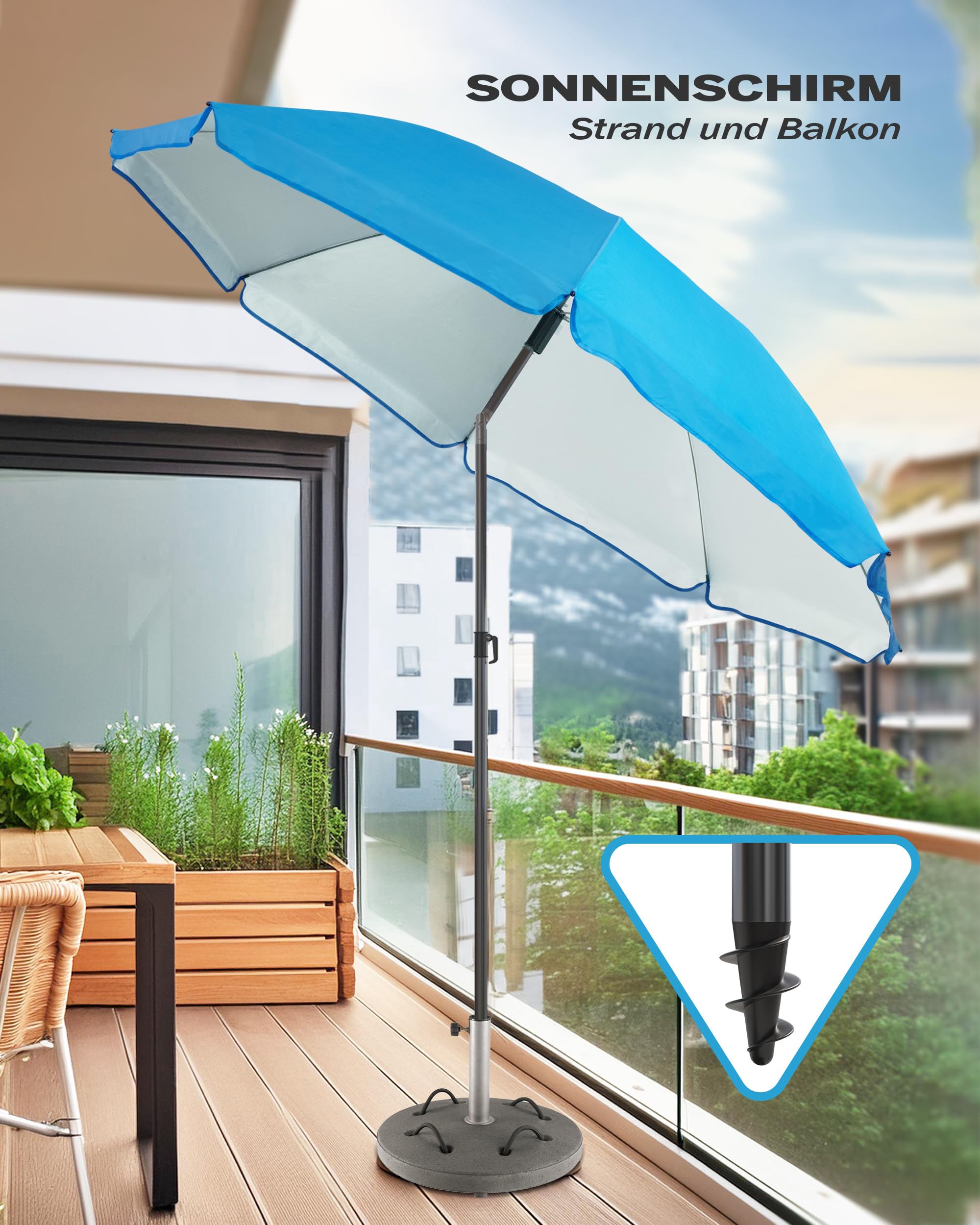Menz Sonnenschirm Strand 180 cm + Sonnenschirmhülle - UV50+ Strandschirm, Balkonschirm mit Knickfunktion, Gartenschirm, Sonnenschirm Balkon - Fb. Blau