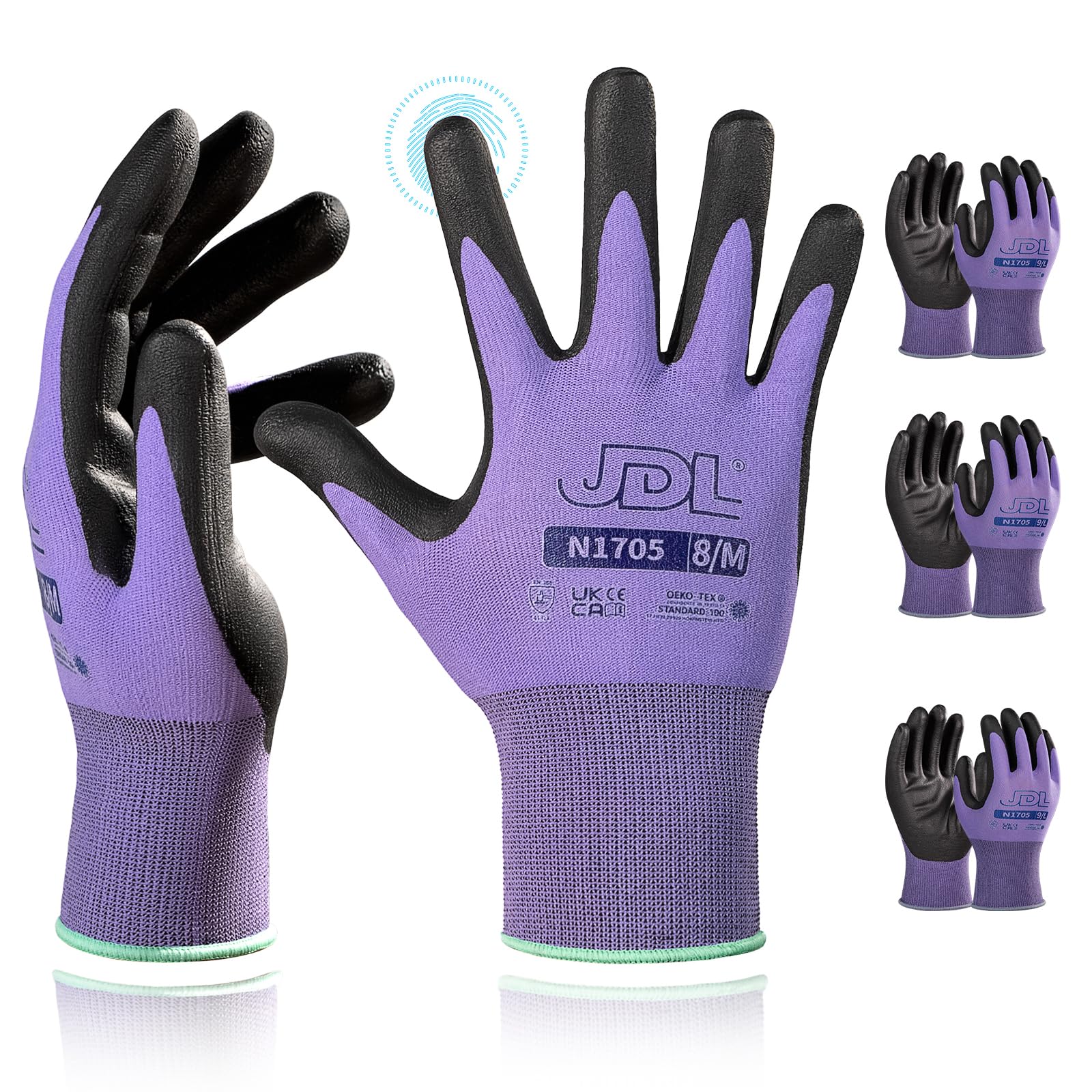 JDL Safety Work Gloves Nitrile Coated, Garden Gloves for Men/Women, Nylon Gloves with Touchscreen Fingers, Pack of 3/6/12/24