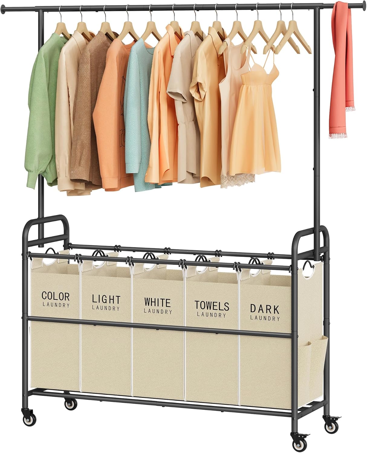 Tajsoon Laundry Sorter with Hanging Bar, 5 Bag Laundry Sorter with Wheels, 246L (65 Gal.) Laundry Hamper with Adjustable Hanging Rack, Laundry Room Organization and Storage, Beige