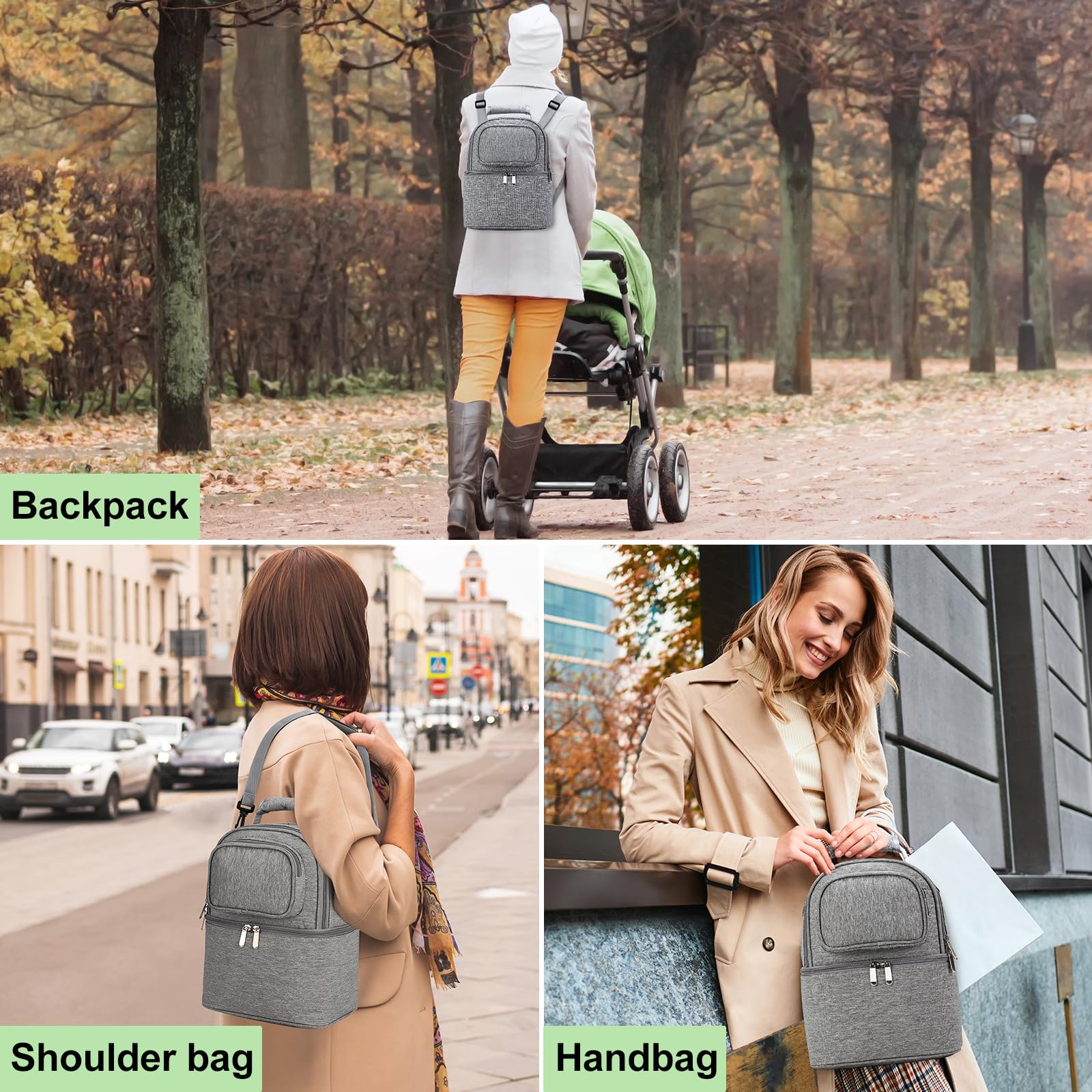 Bolsa enfriadora de leche materna con bolsa de hielo, bolsa enfriadora de almacenamiento de leche materna de doble capa para 6 biberones de hasta 9 onzas, bolsa aislada para biberones con correa para